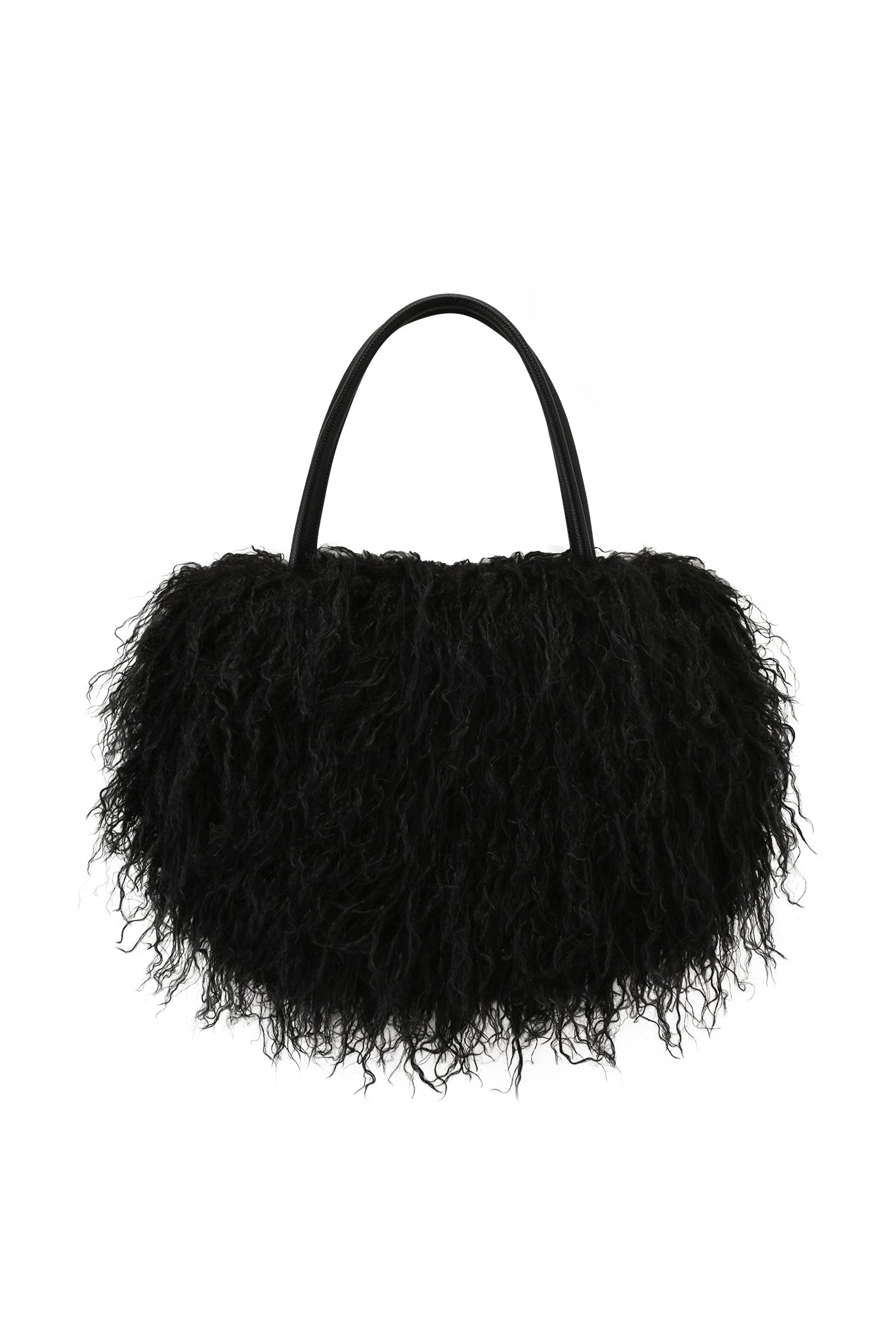 The I.AM.GIA PIXI FAUX FUR BAG - BLACK is an oversized shoulder bag with two handles, covered in a fluffy, shaggy faux fur texture for a bold statement look.