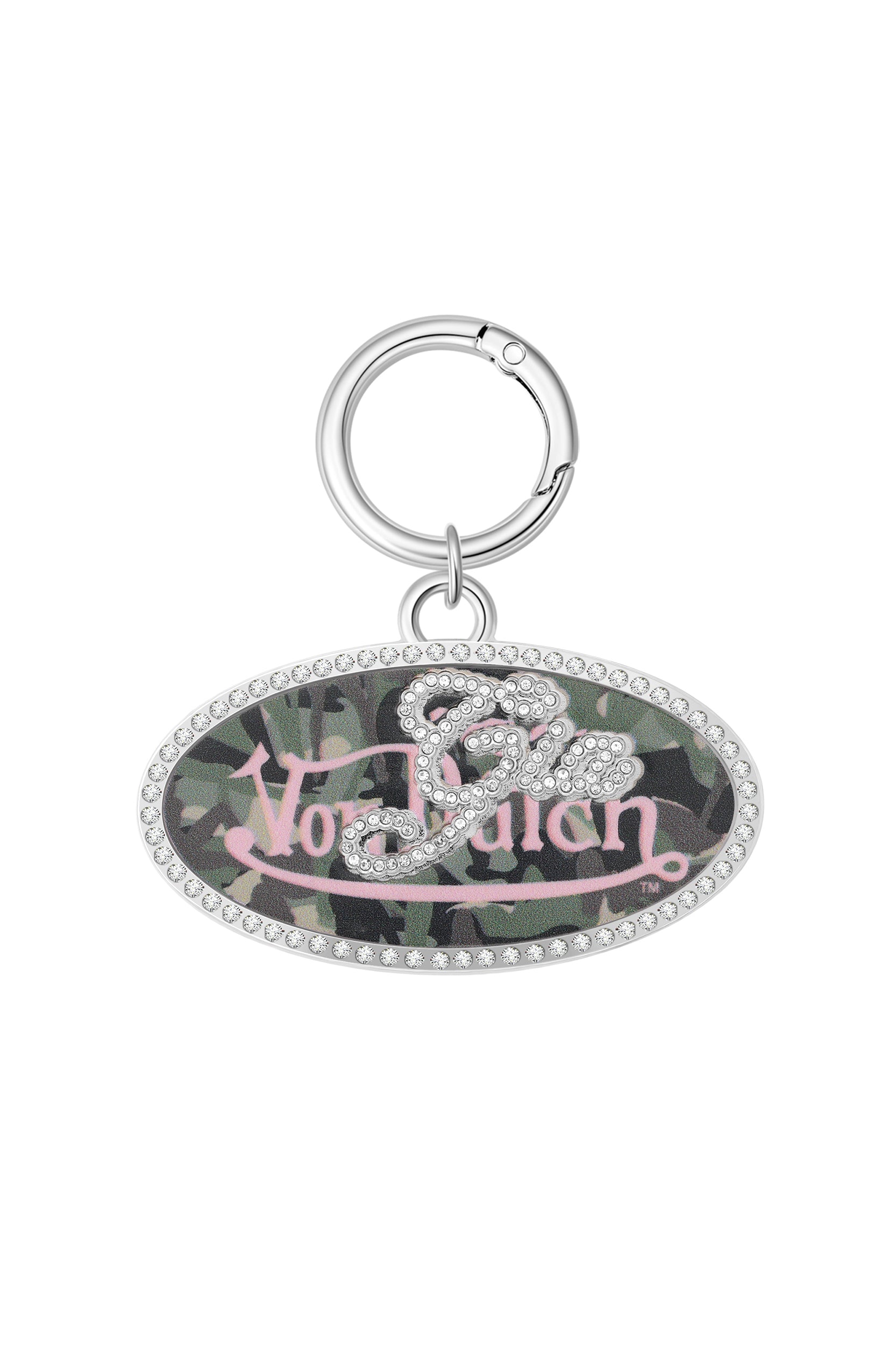 Add the I.AM.GIA X VON DUTCH OVAL KEYCHAIN - GIA GIRL CAMO PINK OVAL by I.AM.GIA to your collection—featuring a camo background, pink Von Dutch script, silver rhinestone border, and sparkling diamante logo. Ideal for collectors and fashion collabs!.