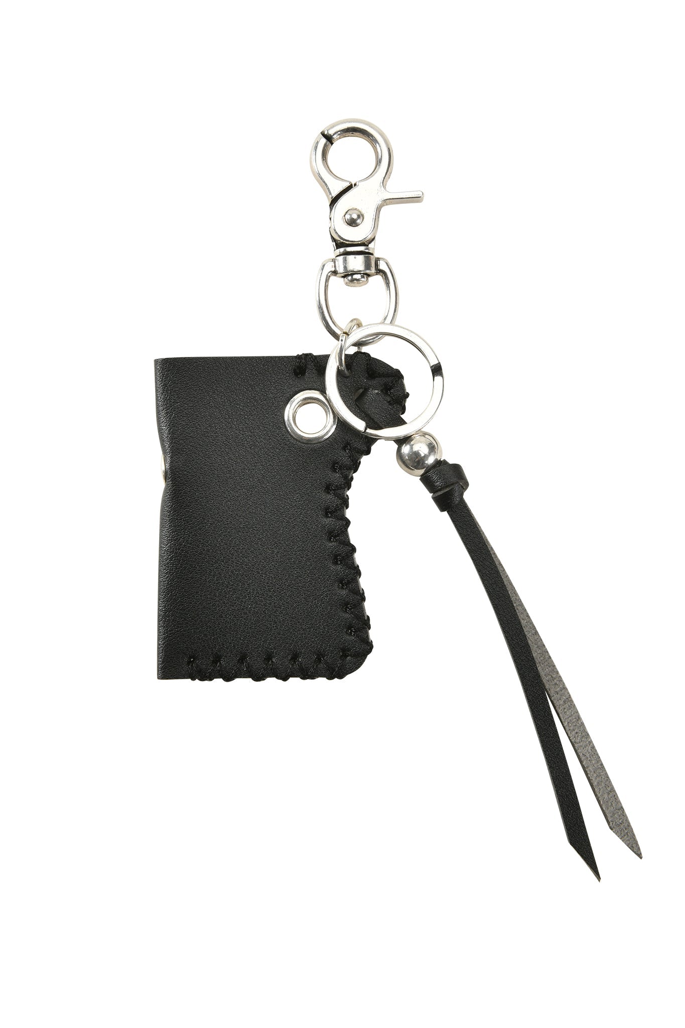 The VENUS LIGHTER KEYCHAIN - BLACK by I.AM.GIA features black leather with stitched edges, a silver keyring, lobster clasp, two thin tassels, and the GIA logo subtly embossed for an elegant touch.