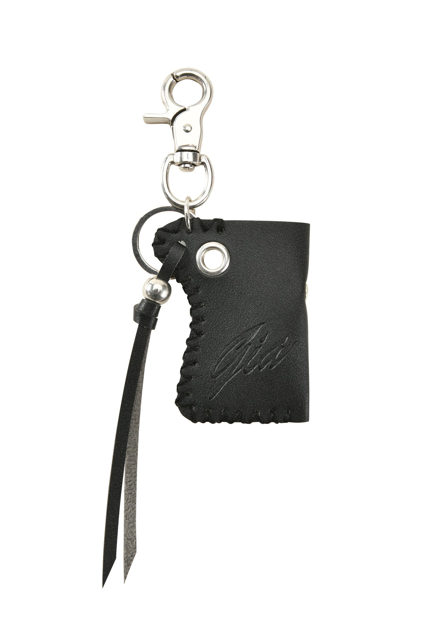 The VENUS LIGHTER KEYCHAIN - BLACK by I.AM.GIA features black leather with wavy edges, decorative stitching, a matching tassel, metal clasp, and an embossed GIA logo for a distinctive look.