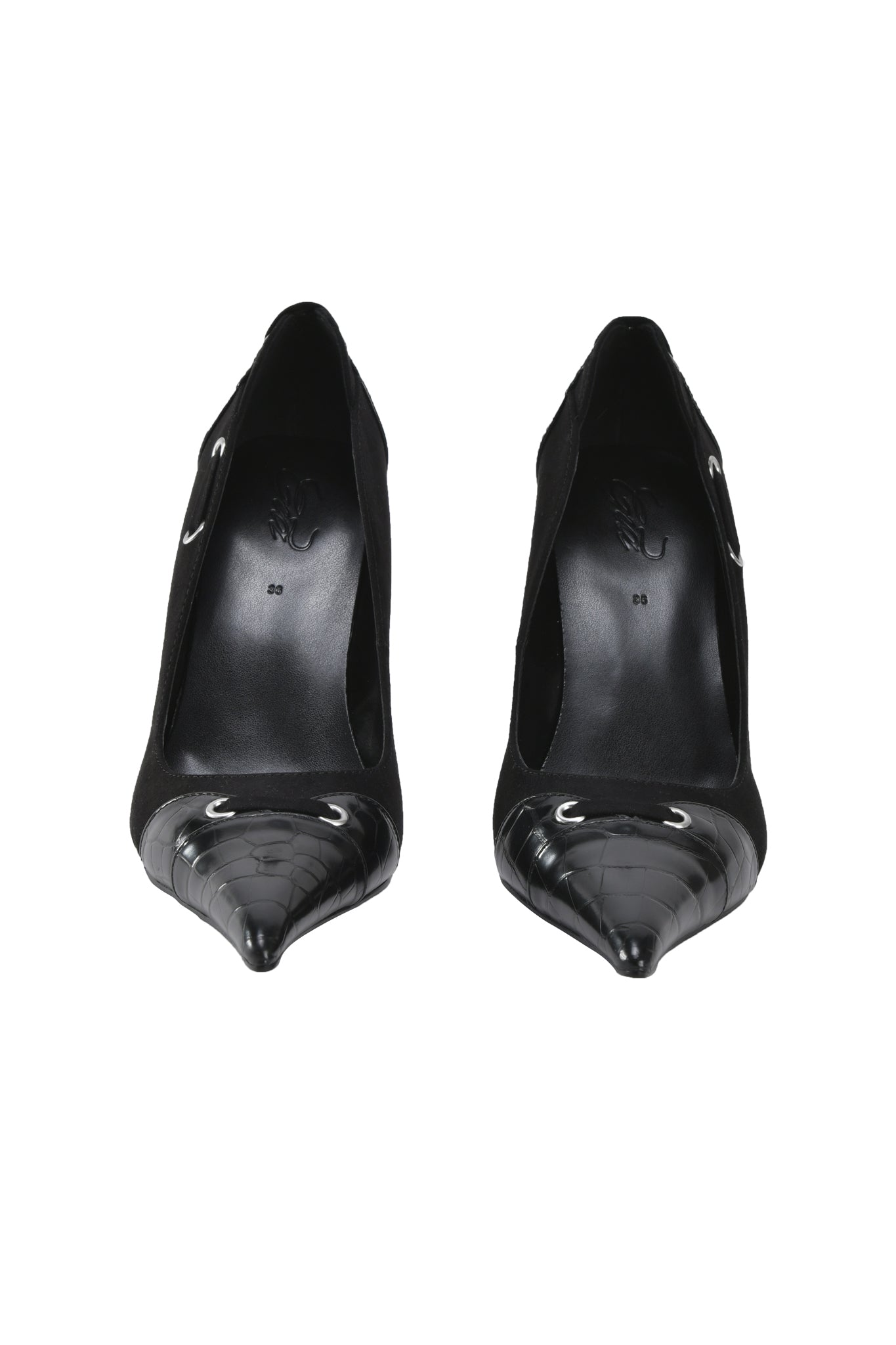 The ANASTASIA PUMP - BLACK CROC by I.AM.GIA features black faux crocodile skin, a pointed toe, and a unique snake-head-inspired design with scale textures and white eye details.