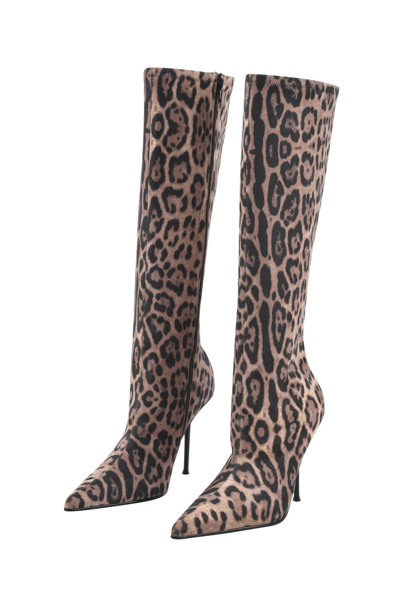 The I.AM.GIA YANA KNEE HIGH BOOTS - PANTHERA feature a bold leopard print in brown and black and pointed toes, making these stiletto boots a fierce statement piece for any outfit.
