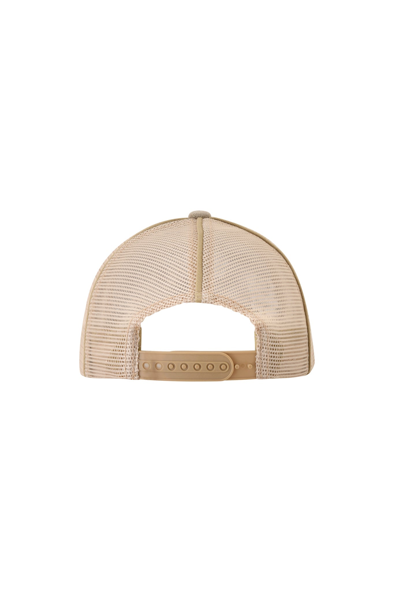 The ISSHA TERRY HAT - STONE by I.AM.GIA is a beige mesh trucker hat shown from the back, featuring an adjustable snapback closure.