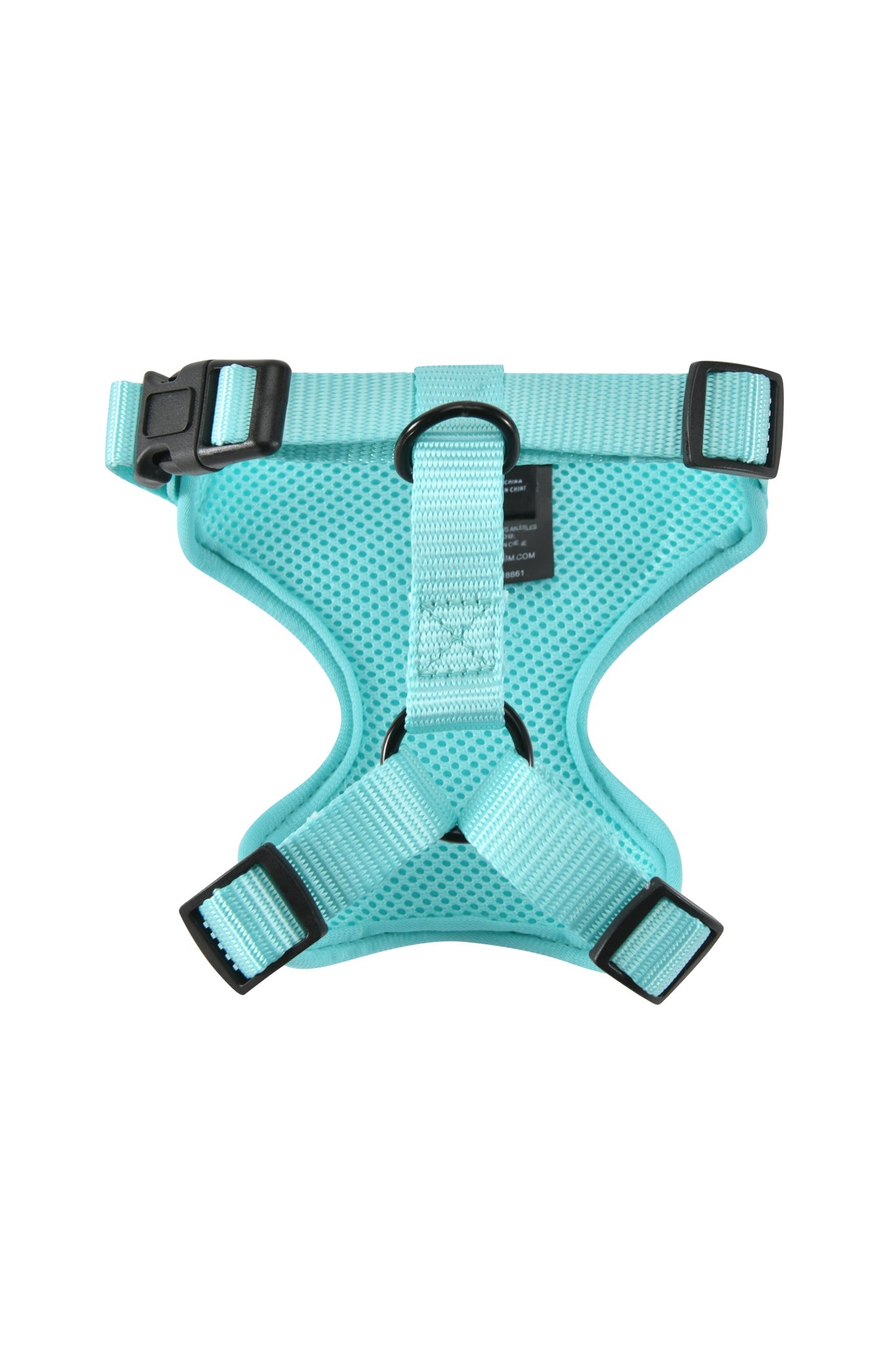 The STAR PAWFECT 3-PIECE SET - BABY BLUE by I.AM.GIA features a turquoise blue mesh pet harness with adjustable straps, black plastic buckles, and a metal leash ring, showcased on a white background.