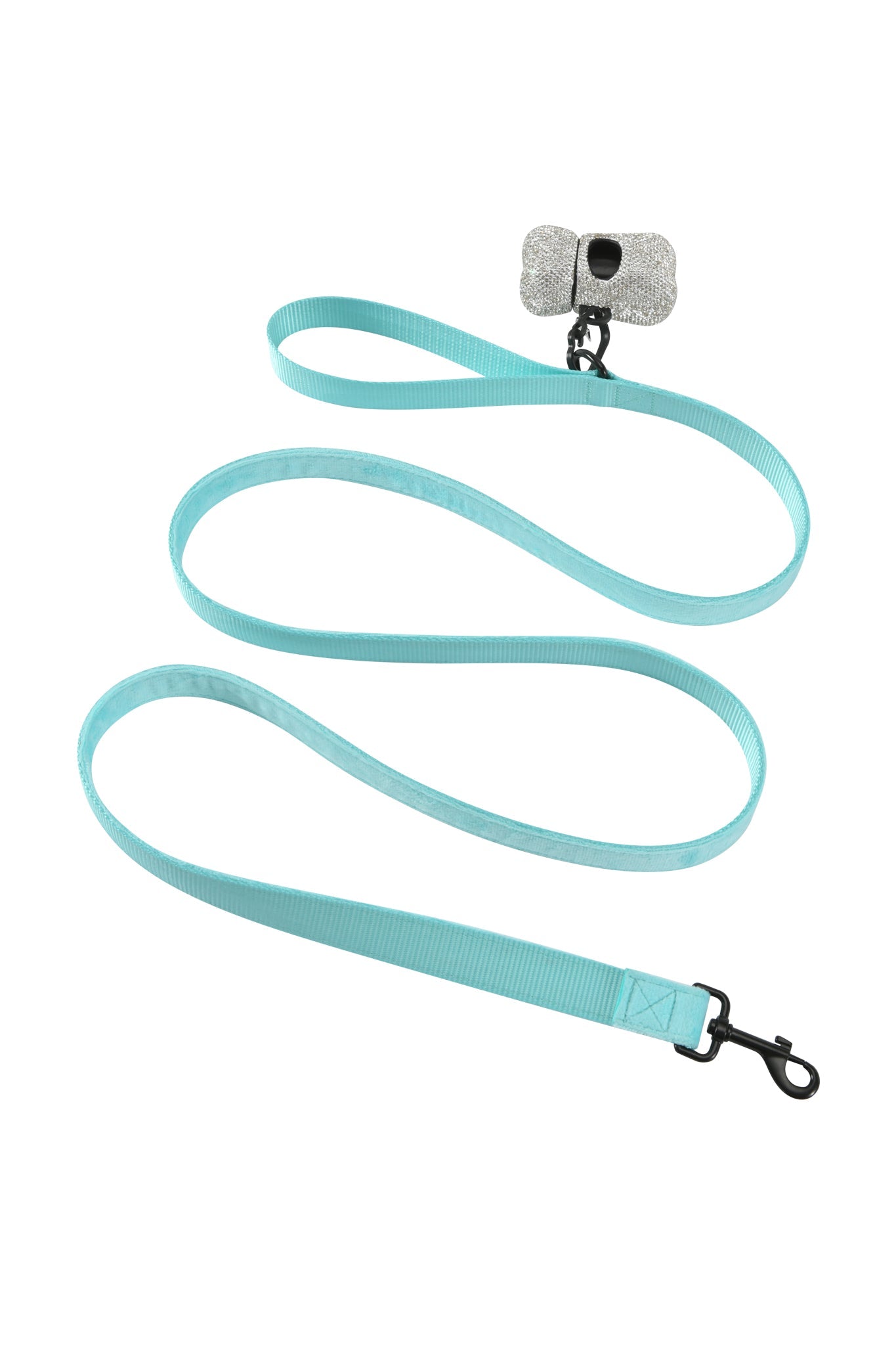 The I.AM.GIA STAR PAWFECT 3-PIECE SET in Baby Blue features a light blue dog leash with a black metal clip and a gray reflective safety light near the handle, ideal for matching your pet's harness set on stylish walks.
