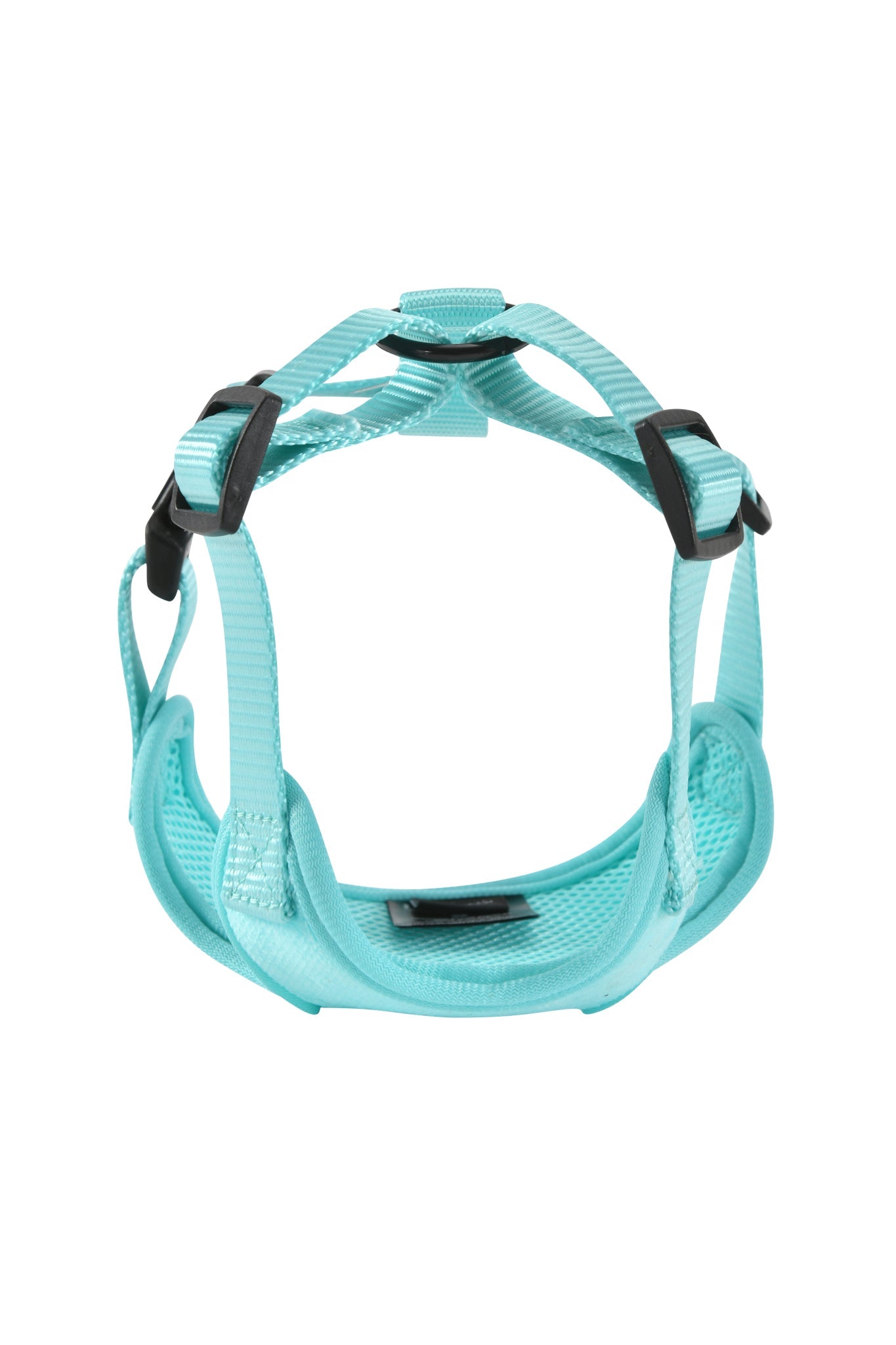 The STAR PAWFECT 3-PIECE SET - BABY BLUE by I.AM.GIA features an adjustable pet harness with black plastic buckles and straps, displayed upright on a white background—an ideal addition to your pet gear.