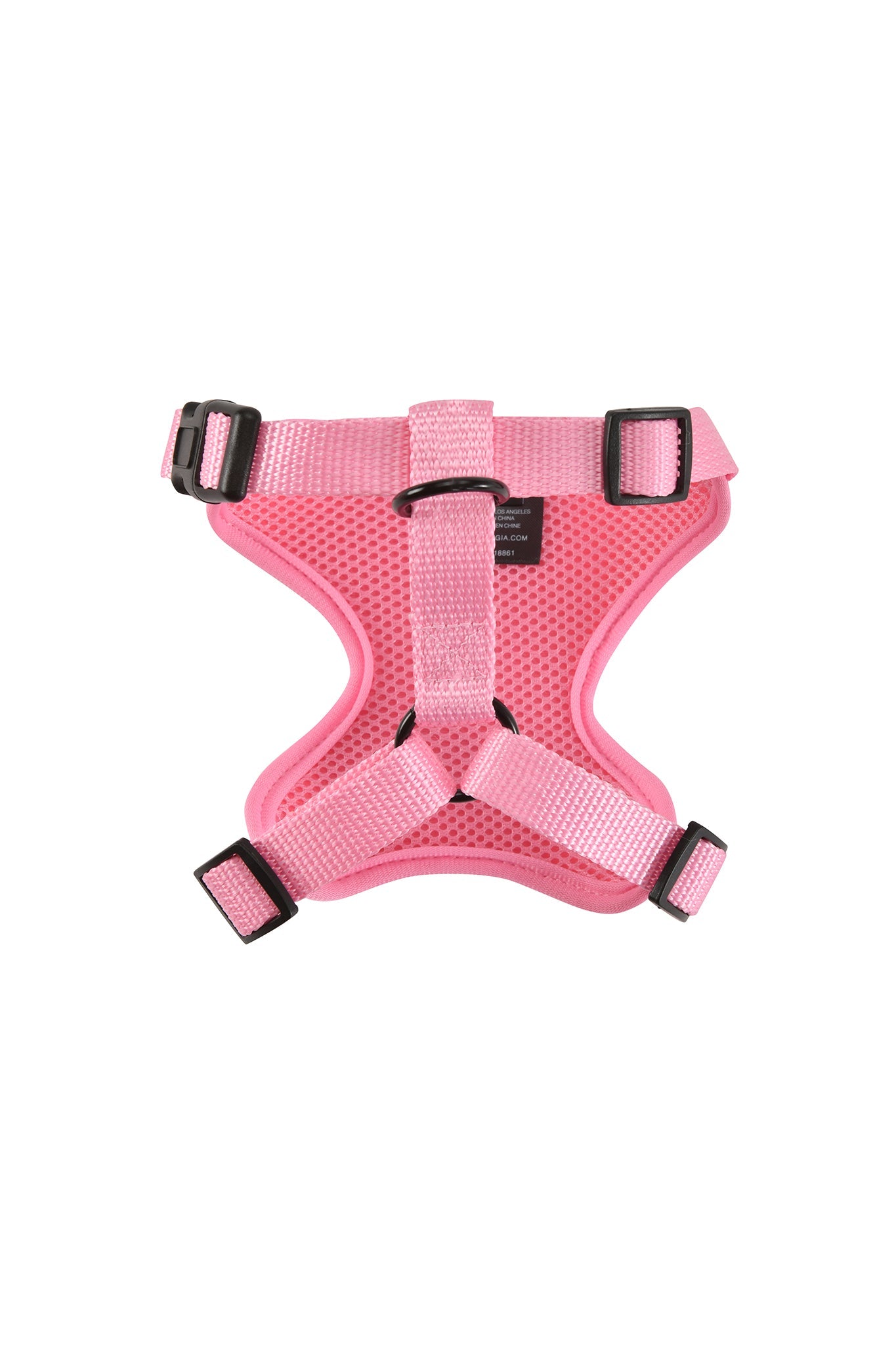 The STAR PAWFECT 3-PIECE SET - BABY PINK by I.AM.GIA features a pink mesh pet harness with black plastic buckles and clips, shown on a white background, offering your pup adjustable comfort and style.