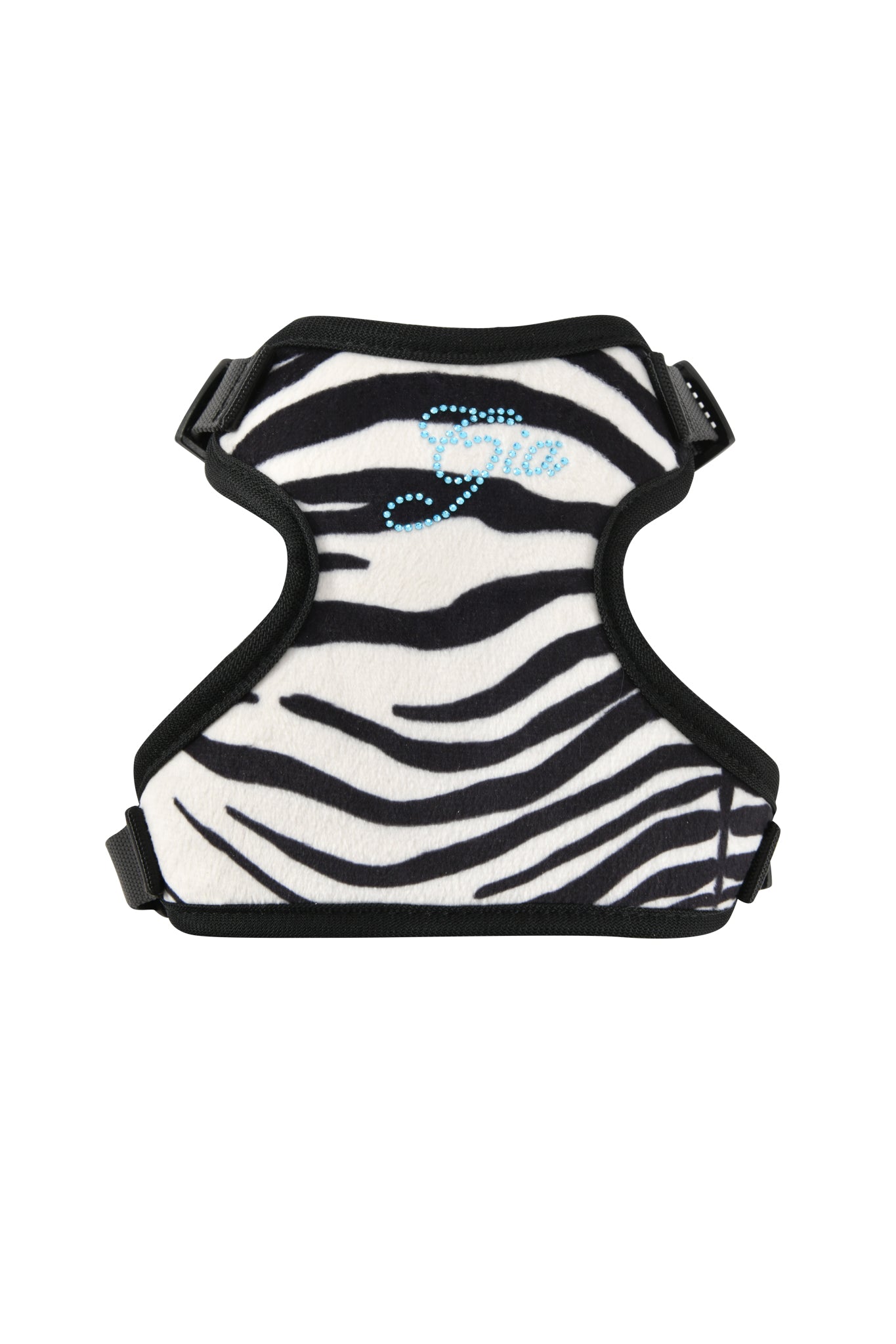 Introducing the I.AM.GIA STAR PAWFECT 3-PIECE SET - FINE LINE ZEBRA: a fashionable pet harness set with chic zebra print and sleek black trim, showcasing the name “Gia” embellished in sparkling blue rhinestones on the chest. This striking rhinestone dog harness is ideal for giving your pet’s daily walks a glamorous flair.