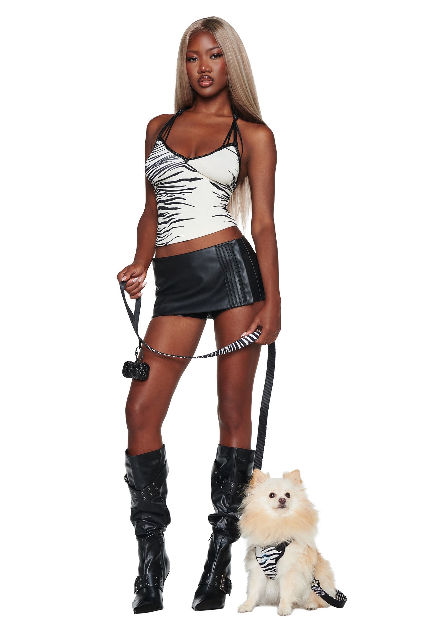 A woman dressed in a zebra-print top, black mini skirt, and tall black boots holds the leash of her small fluffy dog, who sports the STAR PAWFECT 3-PIECE SET - FINE LINE ZEBRA pet harness by I.AM.GIA. Both pose against a plain white background, perfectly coordinating their looks with this stylish dog harness and leash set.