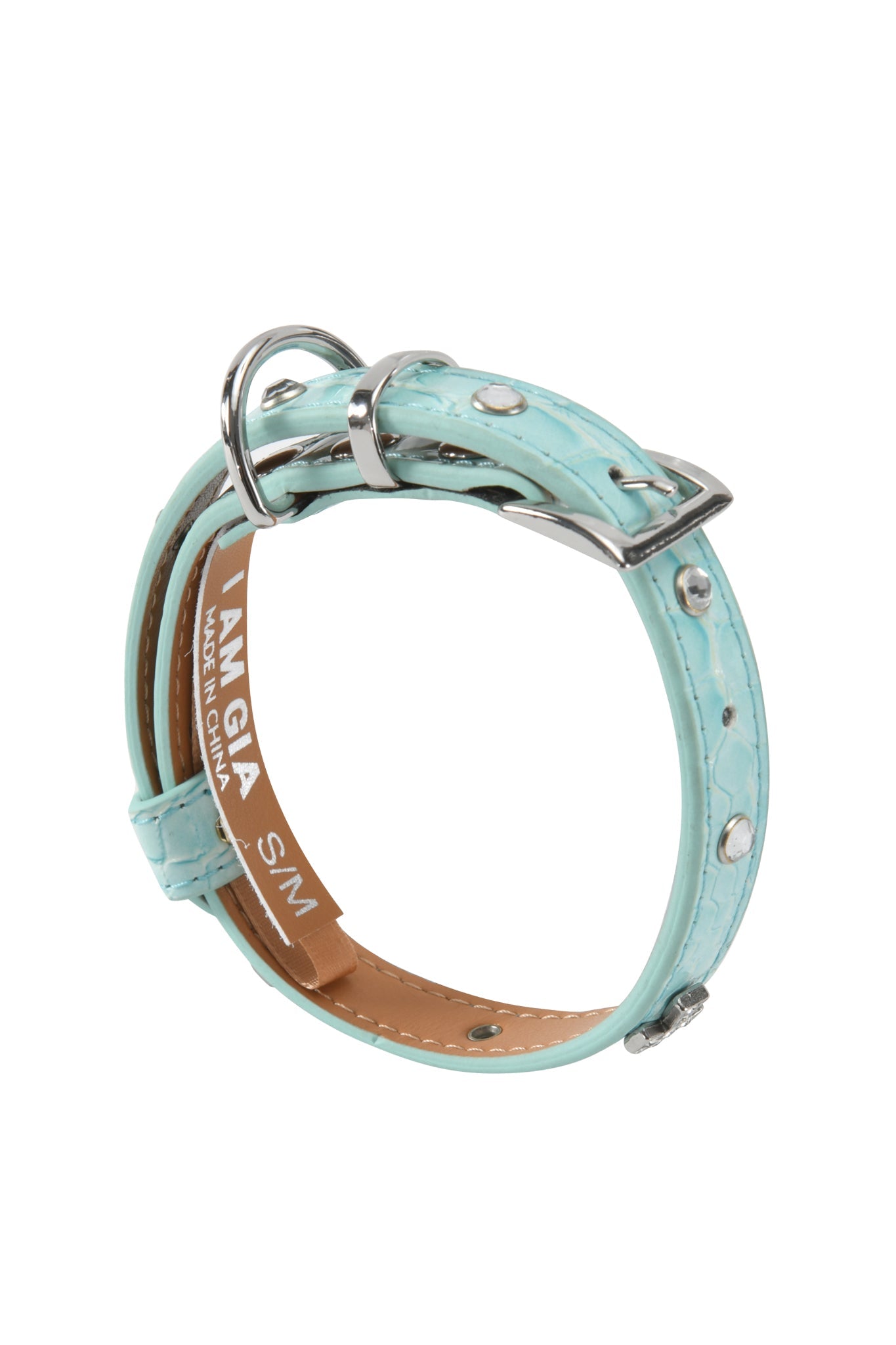 The STAR PET COLLAR - BABY BLUE by I.AM.GIA features baby blue faux leather, silver studs, a buckle closure, and a tan interior stamped "I AM GIA S/M" in white—stylish as a chic pet accessory or unique faux leather dog collar.
