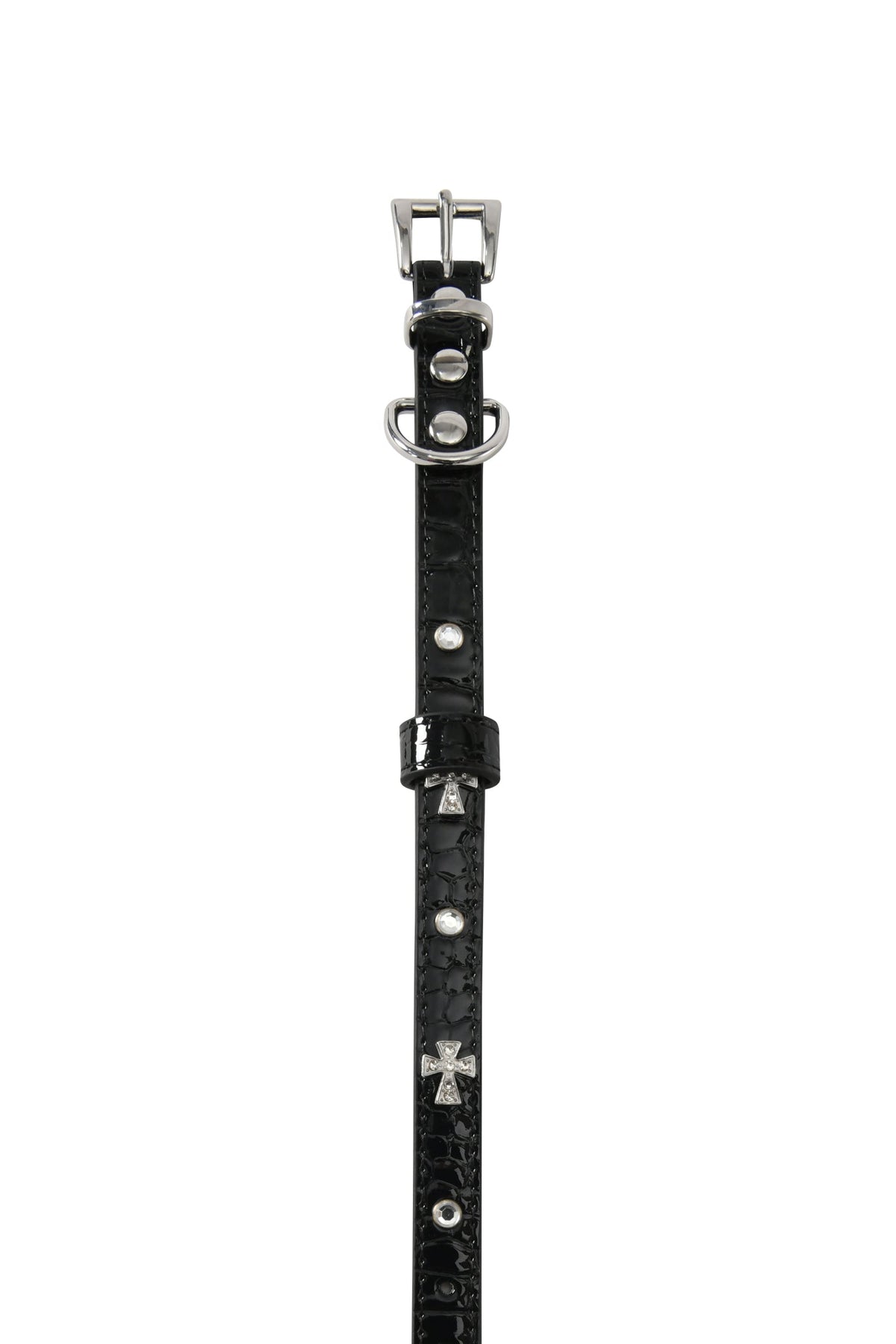 The STAR PET COLLAR - BLACK by I.AM.GIA is showcased against a white background. This adjustable dog collar, crafted from black faux leather and adorned with silver metal studs, a sturdy buckle, and a functional D-ring, brings both style and practicality to your pet’s everyday look. For extra personalization, rhinestone cross charms can be easily attached to customize the appearance.