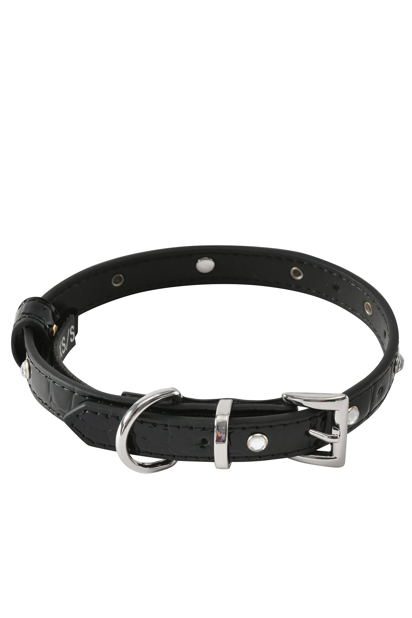 The STAR PET COLLAR - BLACK by I.AM.GIA is displayed against a white background. This adjustable faux leather collar features a silver metal buckle, adjustment holes, a D-ring, and chic rhinestone cross charms for added flair.