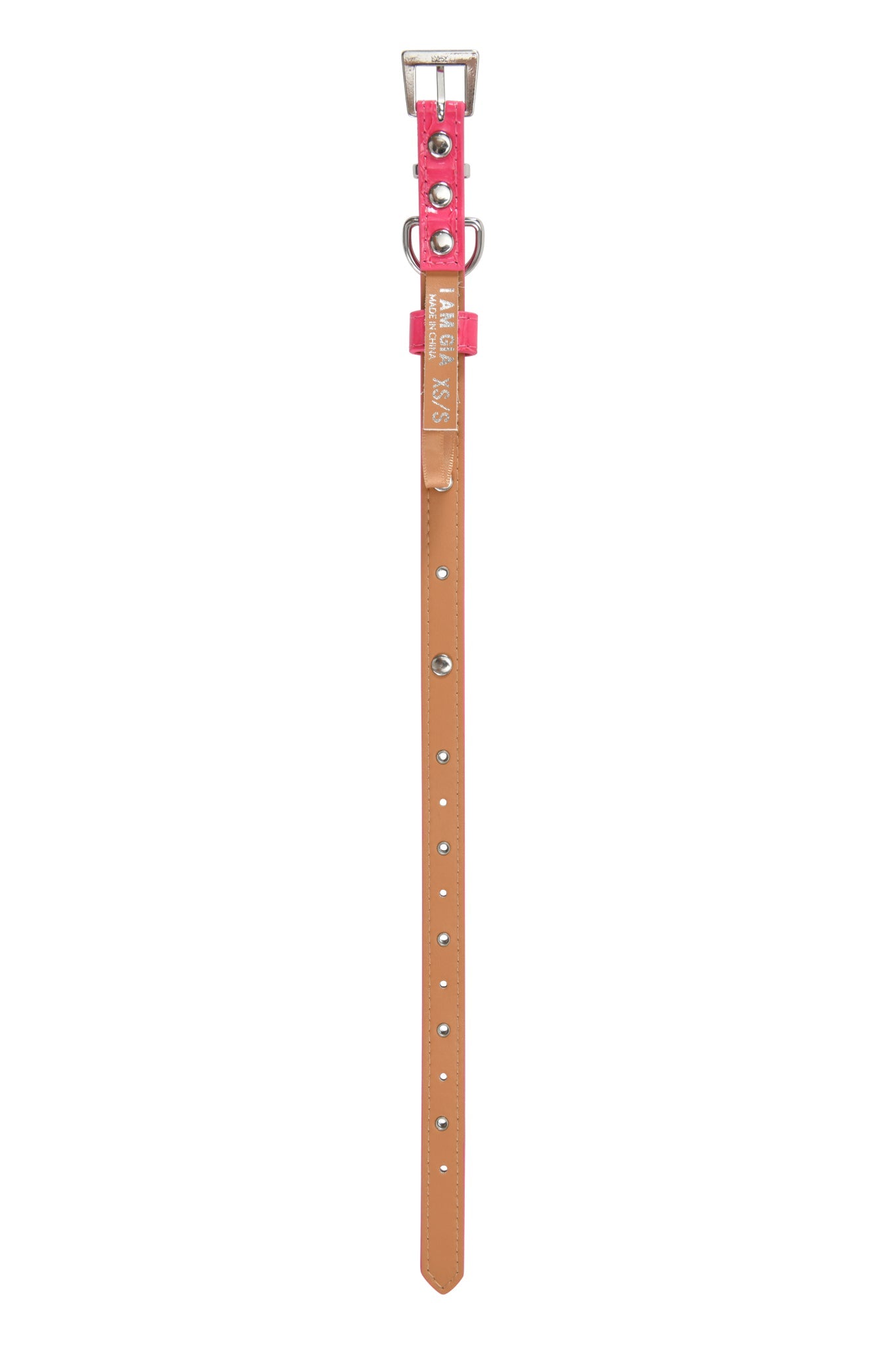 The STAR PET COLLAR - HOT PINK by I.AM.GIA is a pink faux leather collar with brown accents, metal studs, buckle, and a "MILK & PEPPER" tag. It offers multiple adjustment holes for sizing.
