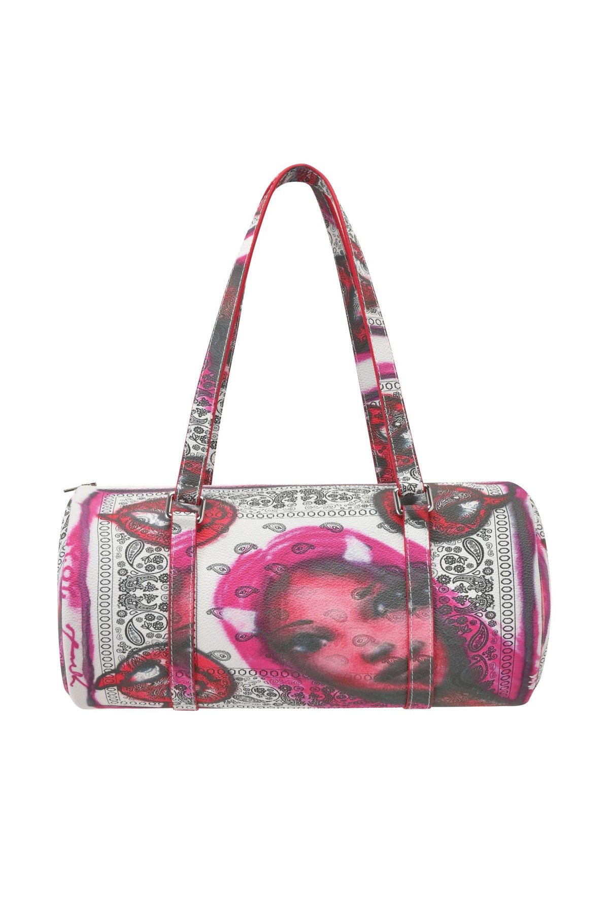 The T-REX BARREL BAG - PAISLEY FACE by I.AM.GIA is a cylindrical faux leather purse with two handles, a black-and-white money print, and a pink-tinted crowned woman portrait on the front.