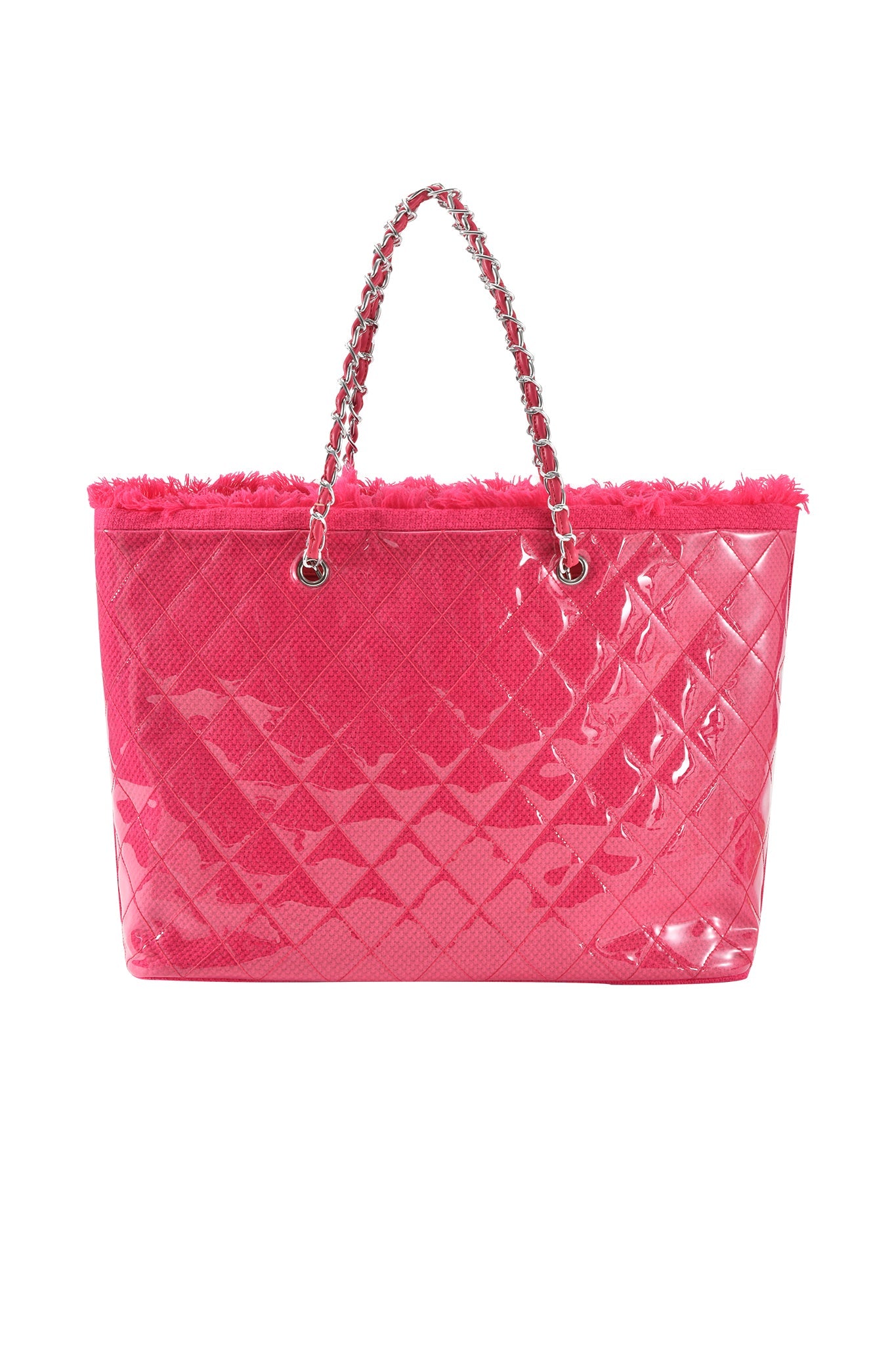 The I.AM.GIA DANNI TOTE BAG in hot pink features chain handles and a fluffy top trim, shown against a white background.