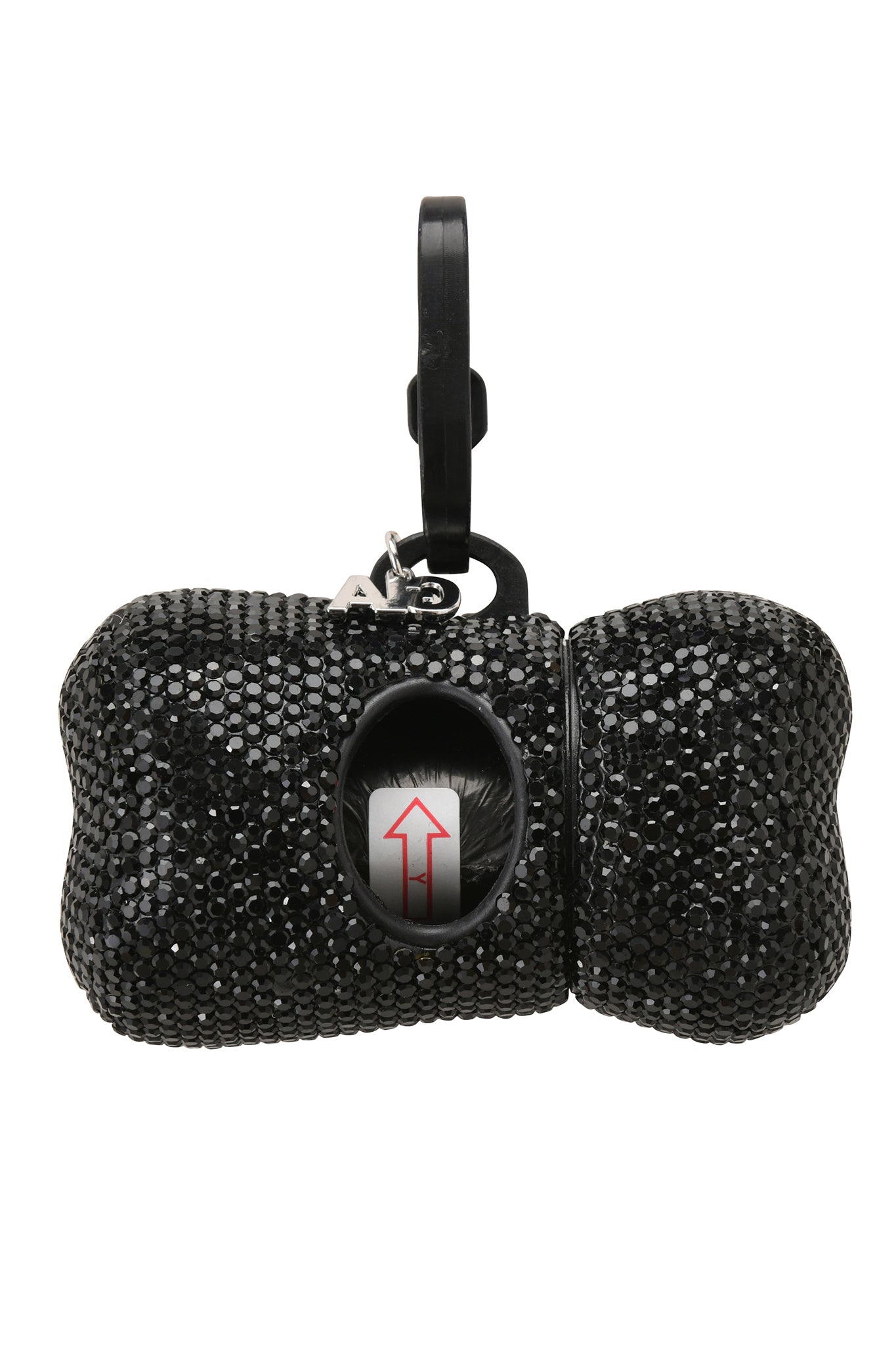 Carry your waste bags in style with the STAR PAWFECT 3-PIECE SET – FINE LINE ZEBRA by I.AM.GIA: a black, bone-shaped dog waste bag holder embellished with rhinestones, featuring a roll of bags inside and a convenient clip for attaching to your leash—perfectly coordinated with your favorite rhinestone dog harness or harness leash set.