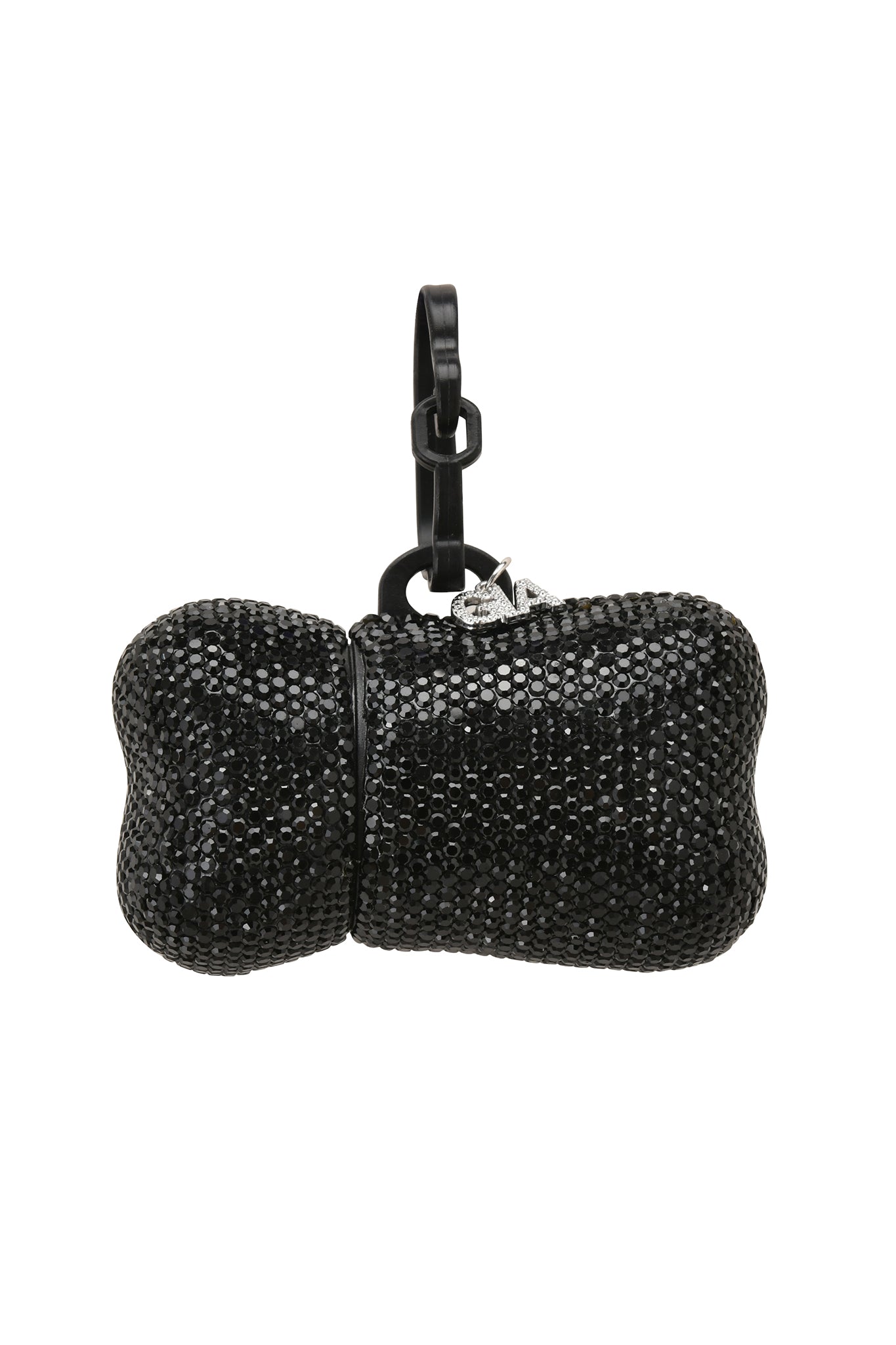 Introducing the STAR PAWFECT 3-PIECE SET - FINE LINE ZEBRA by I.AM.GIA: a black, bone-shaped pouch embellished with small rhinestones and finished with a sleek black clasp at the top—perfect for pairing with your favorite rhinestone dog harness or dog harness leash set.