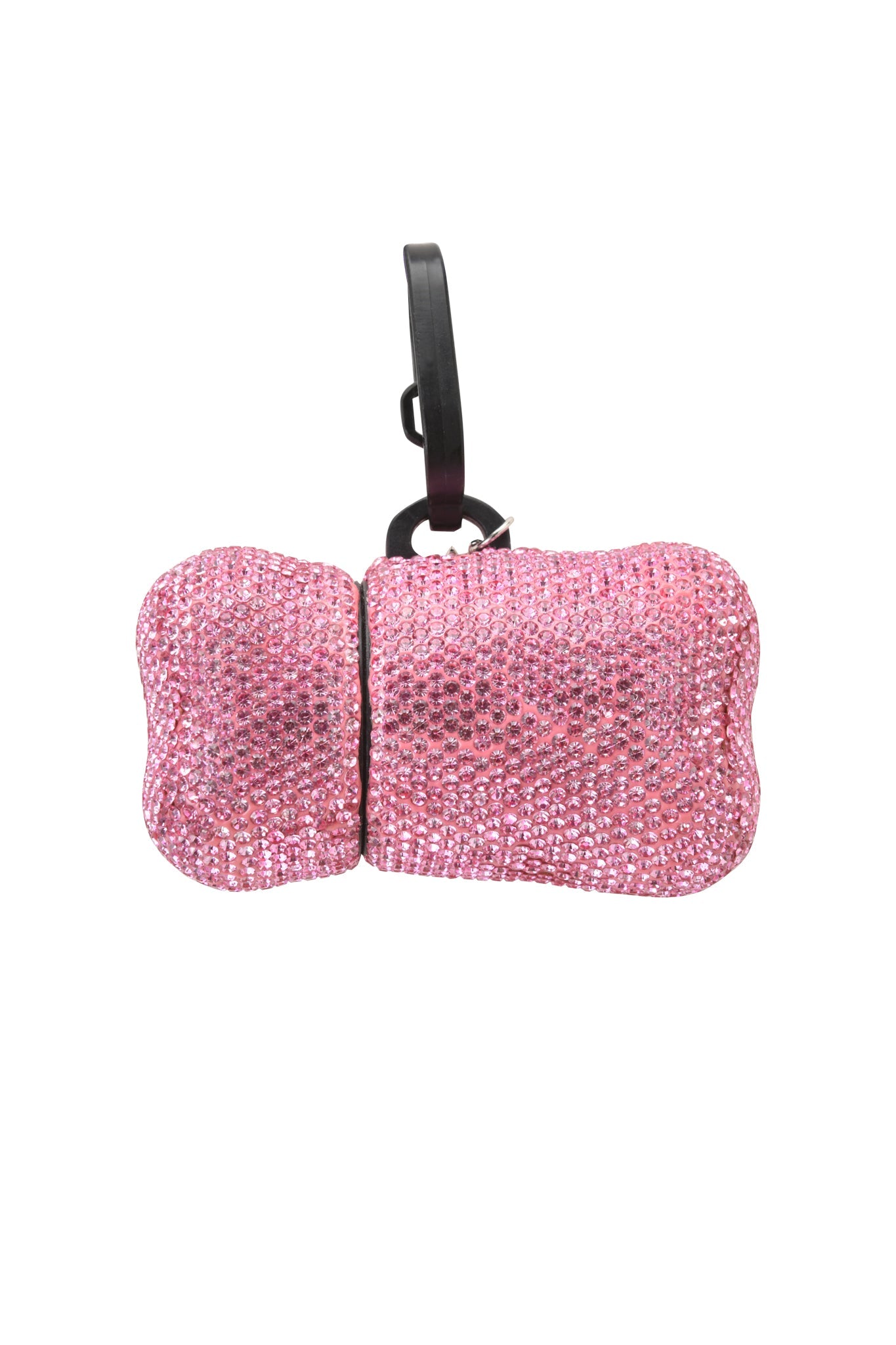 The STAR PAWFECT 3-PIECE SET - BABY PINK by I.AM.GIA features a pink, glittery bone-shaped rhinestone dog bag dispenser with a black clip for holding and dispensing waste bags.