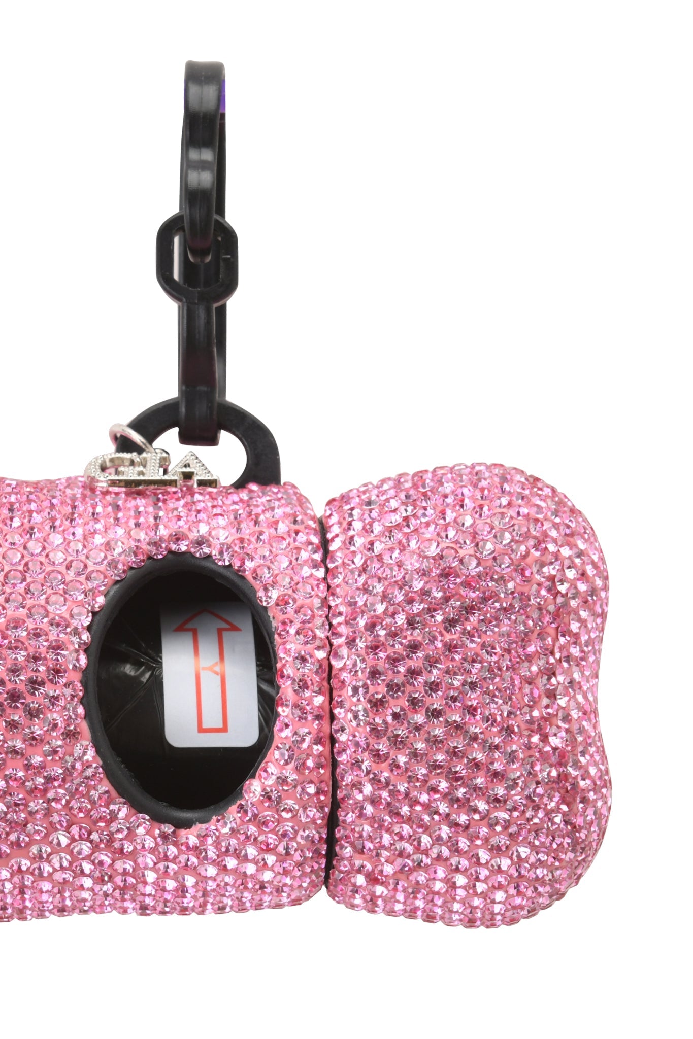 The STAR PAWFECT 3-PIECE SET - BABY PINK by I.AM.GIA features a pink rhinestone dog bag dispenser with a black clip and visible roll, ideal for pairing with your favorite pink pet or dog harness.