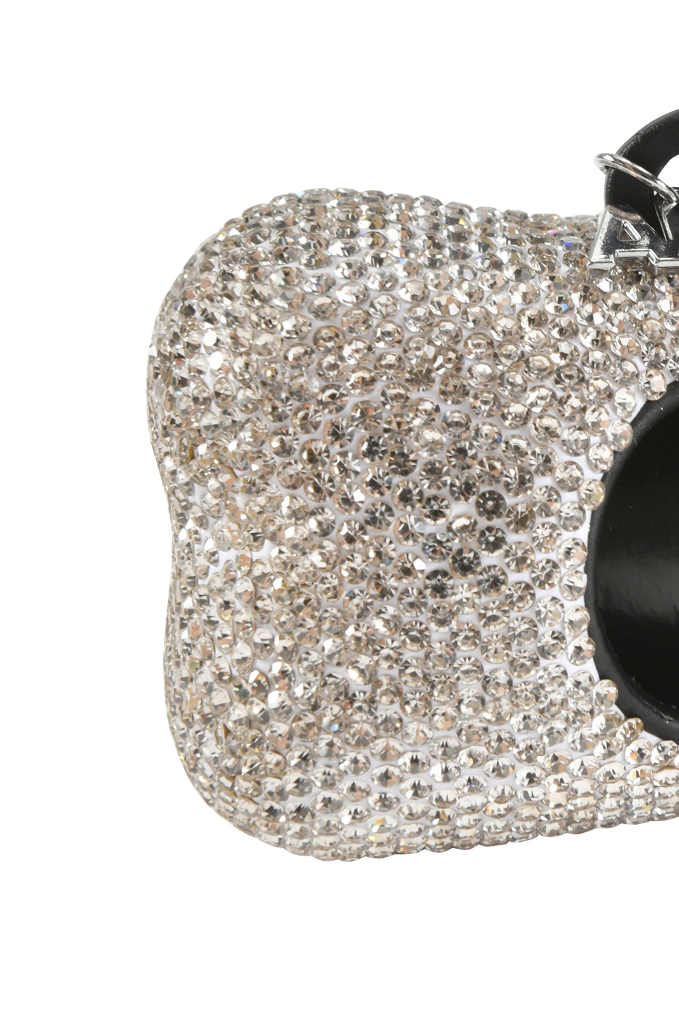 Close-up of the STAR PAWFECT 3-PIECE SET - BABY BLUE by I.AM.GIA, featuring a handbag adorned with sparkling rhinestones, a black oval opening, and a partial black strap with silver clasp for an elegant look.