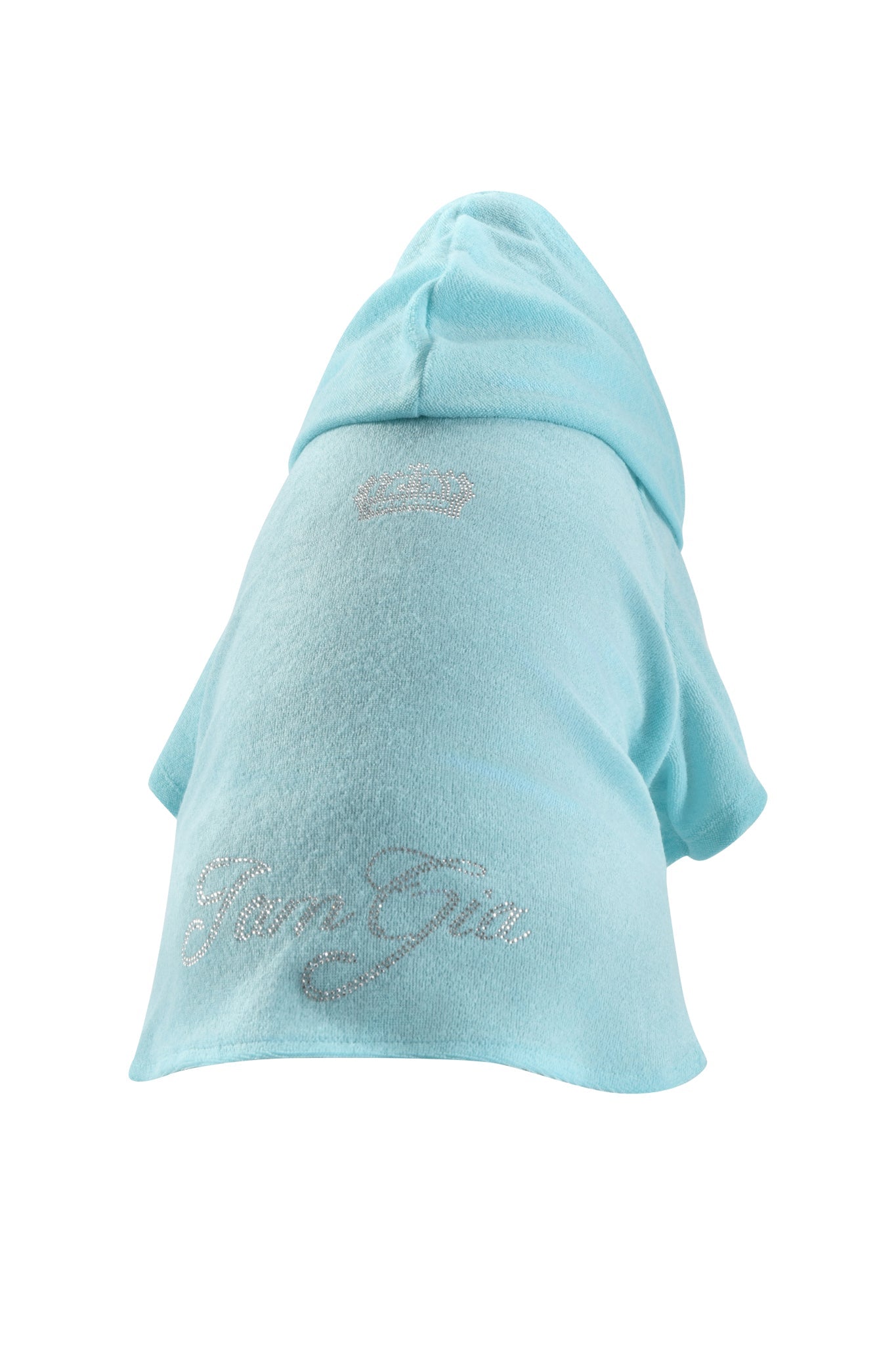 A small dog wears the HONEY DOG HOODIE - BABY BLUE by I.AM.GIA, featuring silver rhinestone lettering and a crown design on the back. The dog faces away, highlighting this stylish rhinestone dog outfit.