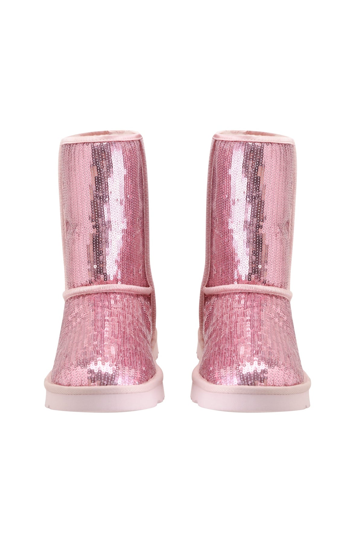The ELVIRA SEQUIN BOOT - PINK by I.AM.GIA is a pair of shiny pink sequin mid-calf boots with flat soles, displayed facing forward against a white background.