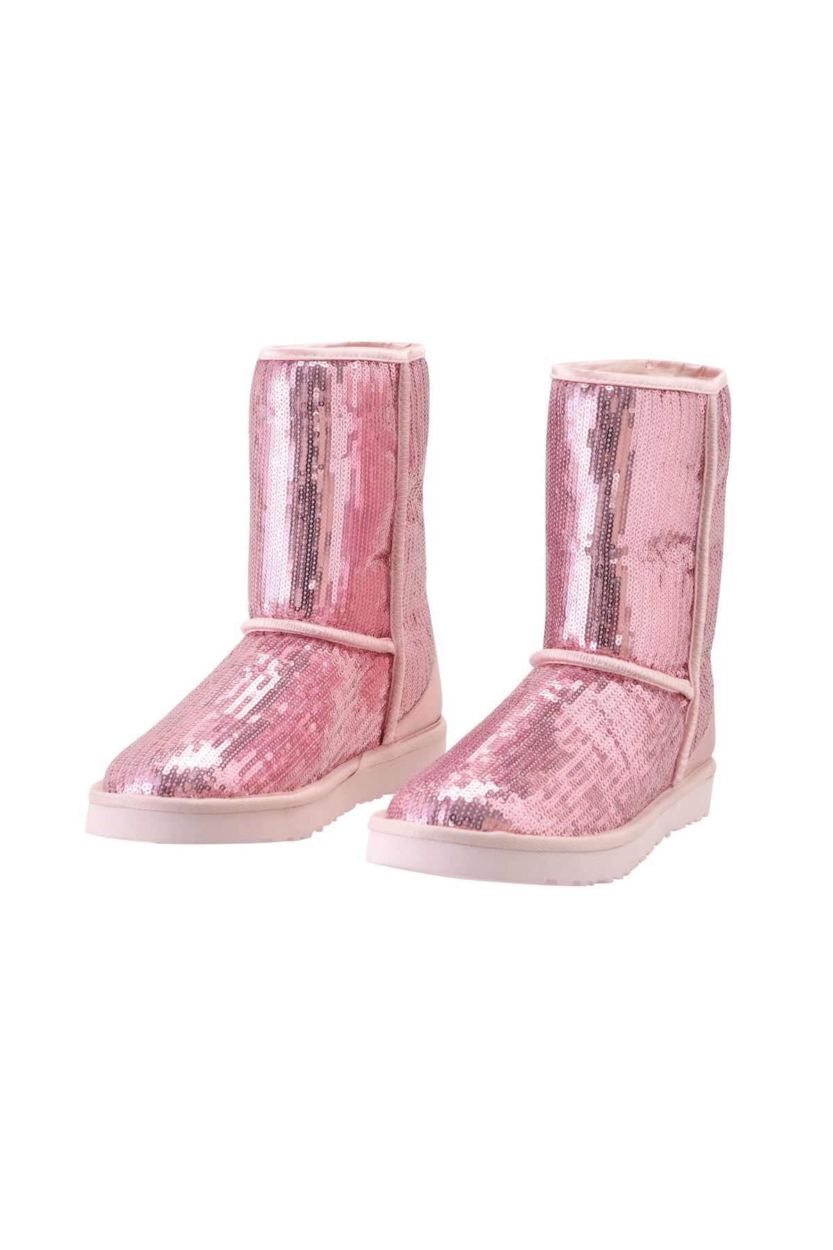 ELVIRA SEQUIN BOOT - PINK by I.AM.GIA: A pair of mid-calf, pink sequin boots with flat white soles and light pink trim, featuring a cozy faux fur lining, displayed on a white background.