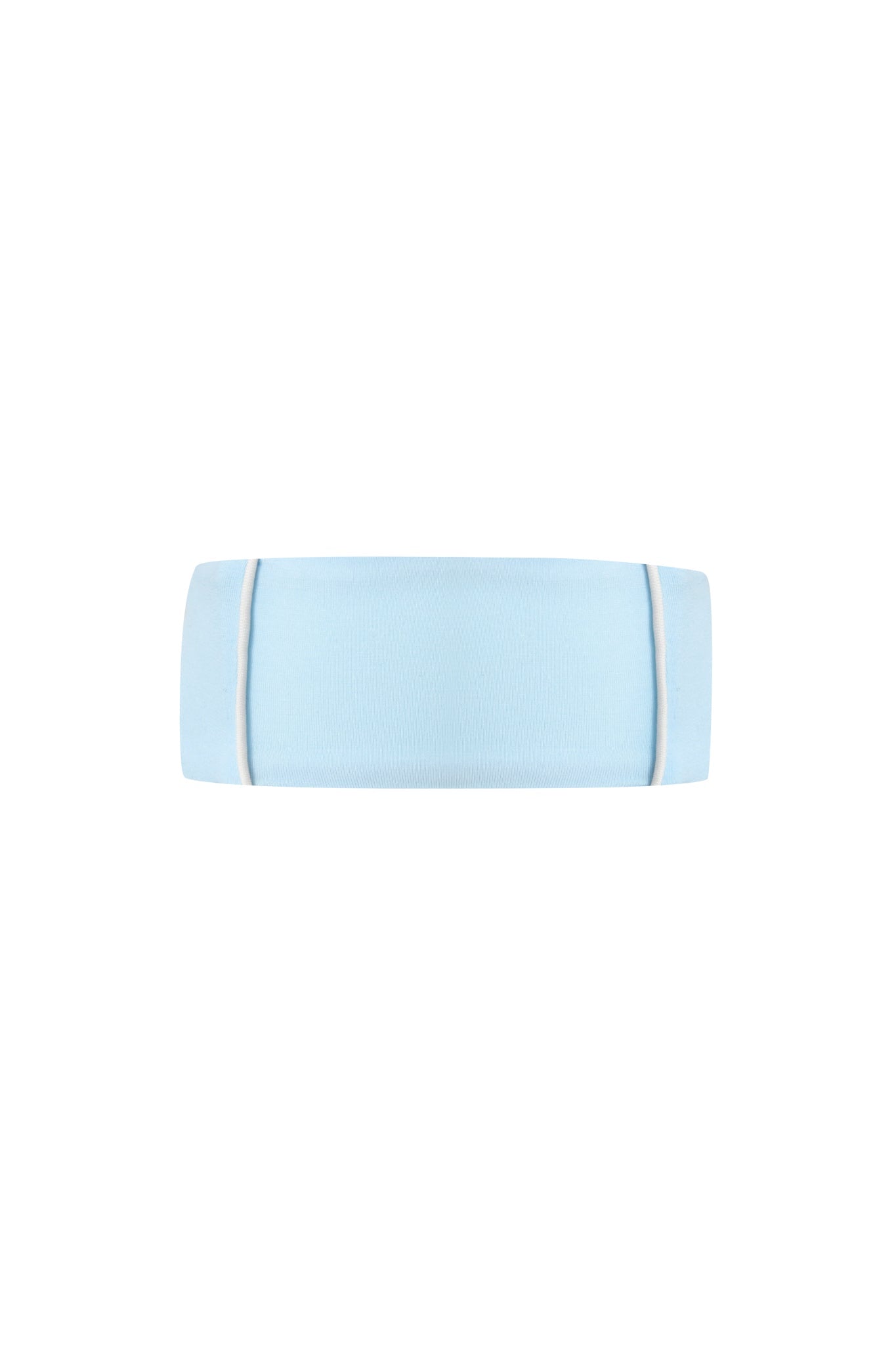 The BLARE SPORT HEADBAND - BABY BLUE by I.AM.GIA features a light blue design with two vertical white stripes near each end, shown on a plain white background.