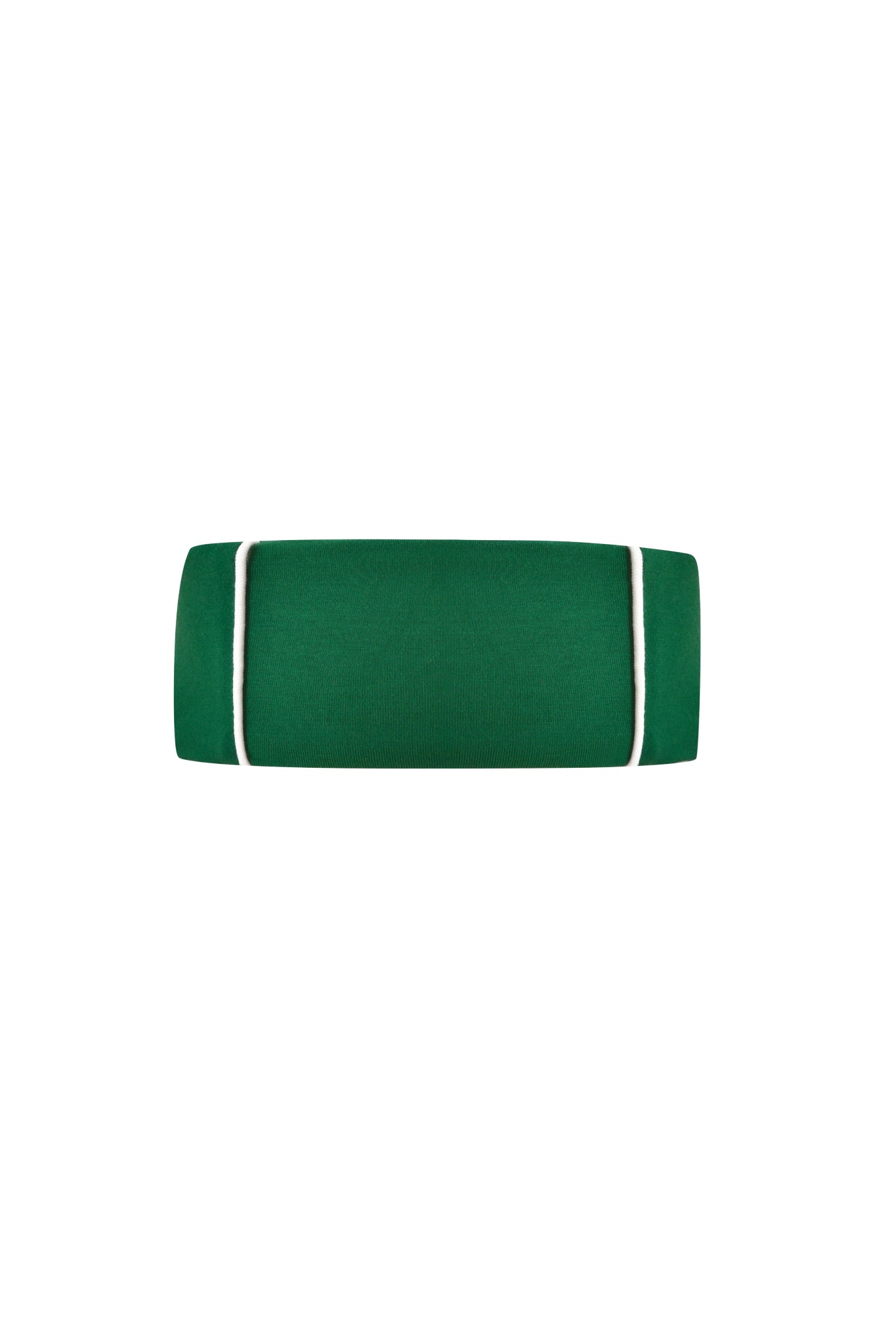 The BLARE SPORT HEADBAND - GREEN by I.AM.GIA features a bold, sporty design with white piping on both shorter sides, shown centered on a plain white background—reminiscent of an athletic headband.