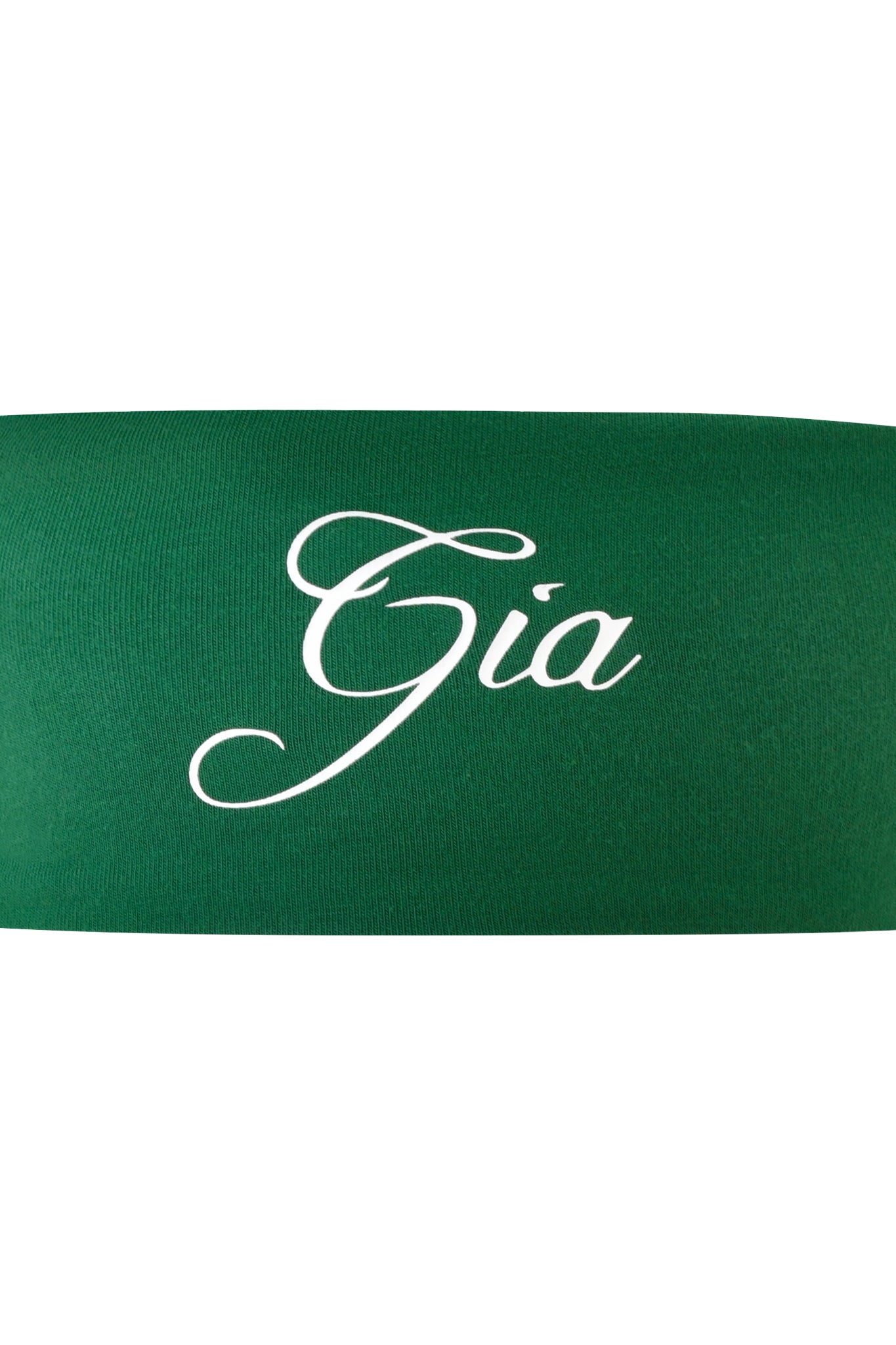 The BLARE SPORT HEADBAND - GREEN by I.AM.GIA features a sporty design with "Gia" in elegant white cursive at the center, perfect for adding a stylish accent to your outfit.