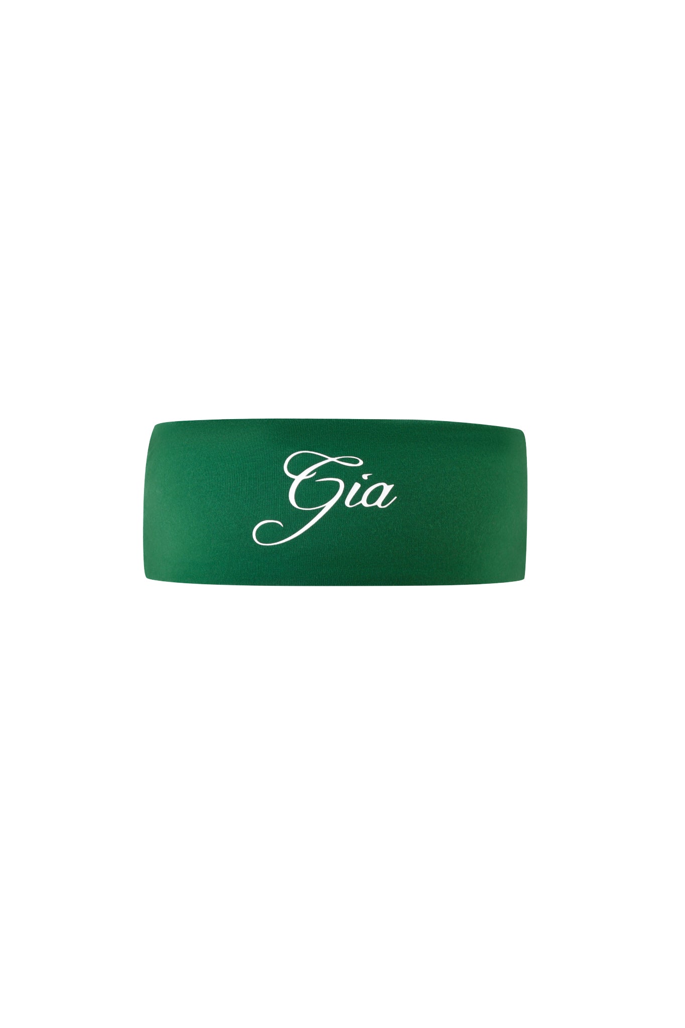 The BLARE SPORT HEADBAND - GREEN by I.AM.GIA features an elegant white "Gia" script on the front, making it a stylish and sporty accessory for everyday wear.