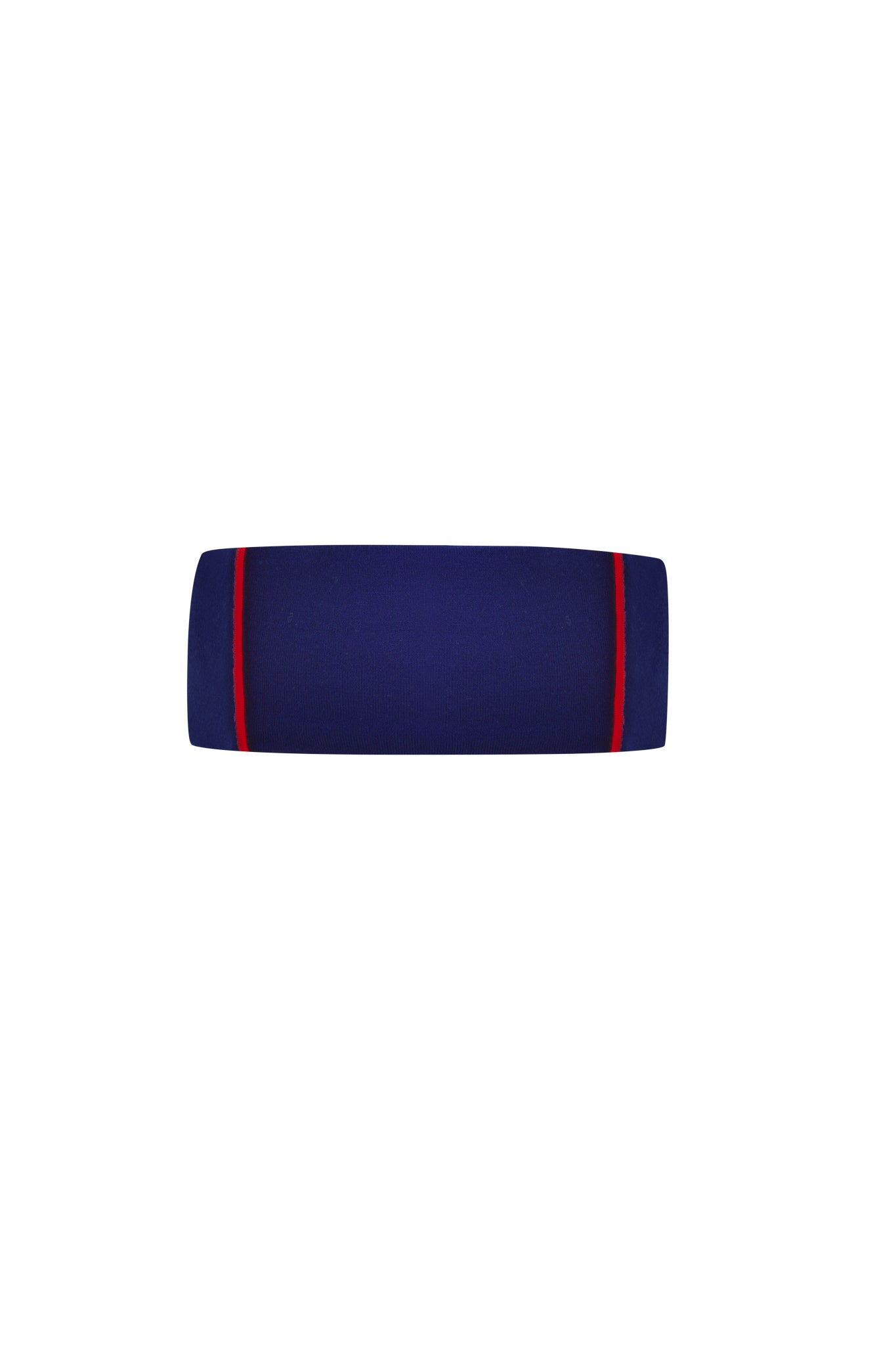 The I.AM.GIA BLARE SPORT HEADBAND - NAVY is a blue cylindrical fabric headband with red bands near each end, soccer-inspired, displayed centered on a white background.