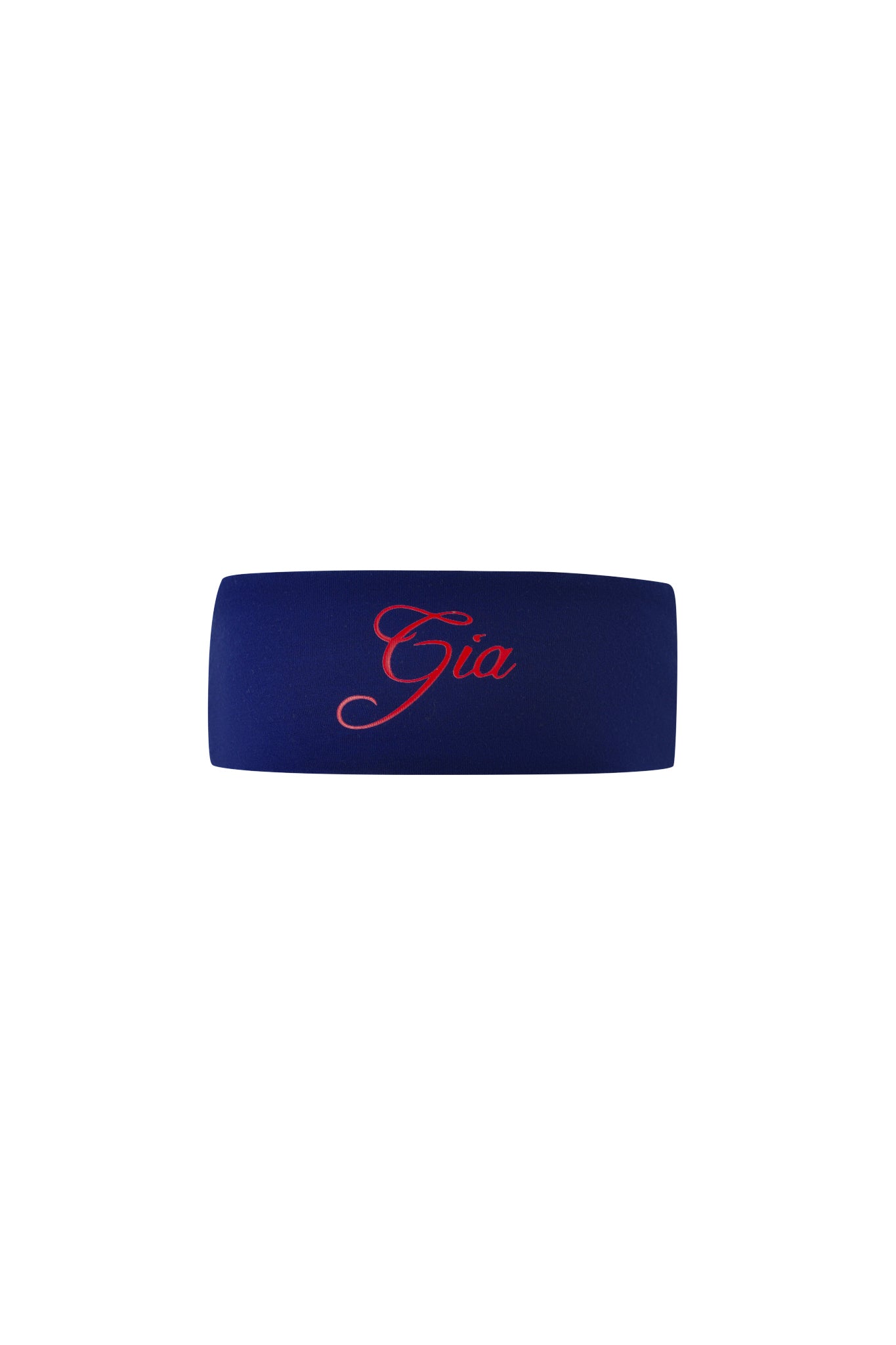 The BLARE SPORT HOODIE AND HEADBAND - NAVY by I.AM.GIA features a wide, dark blue headband with "Gia" in elegant pink script on the front, crafted from buttery-soft fabric for all-day comfort and shown on a plain white background.