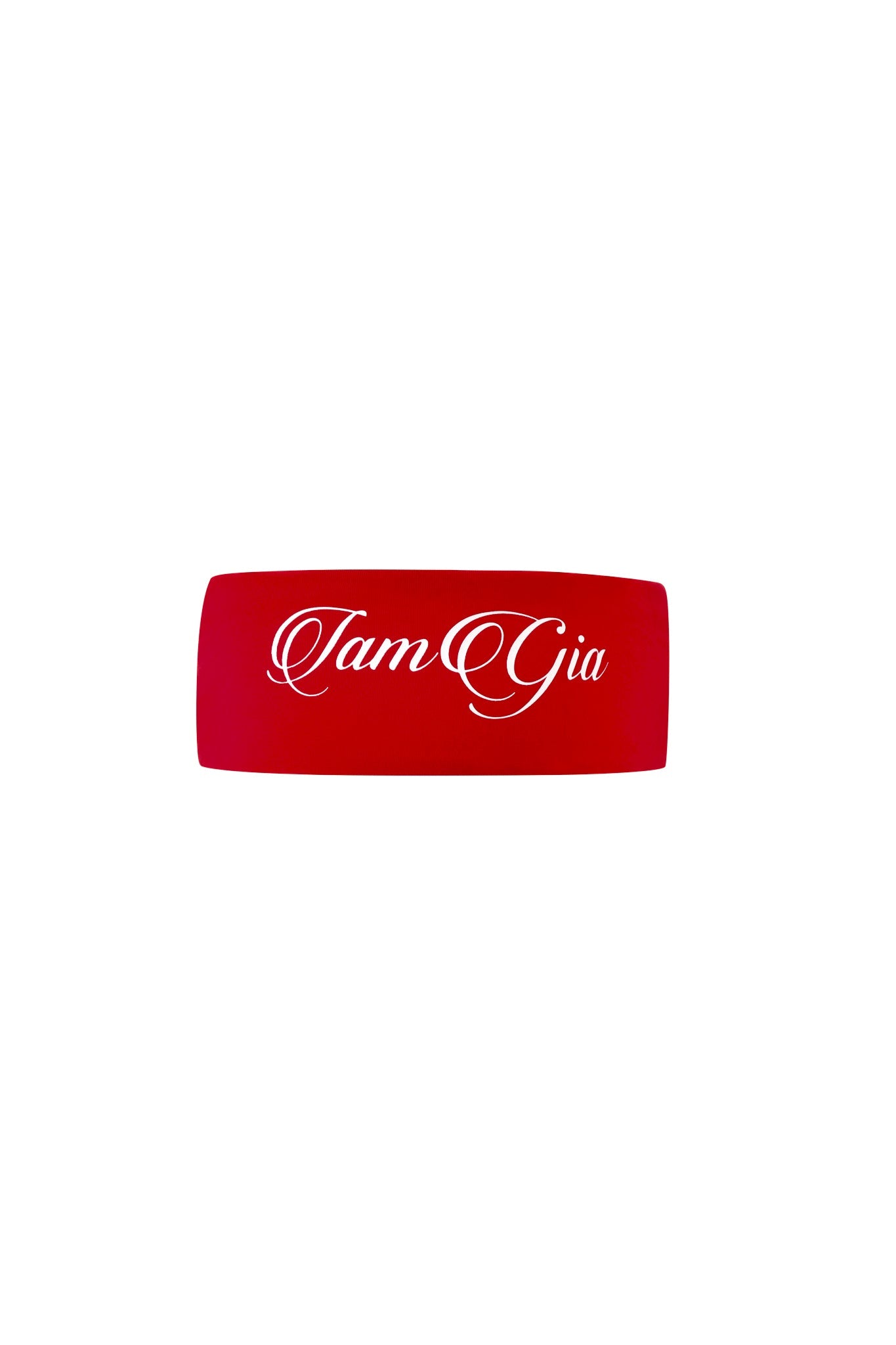 The BLARE SPORT HEADBAND - CRIMSON by I.AM.GIA is a red rectangular headband featuring white cursive "IamGia" text, shown on a plain white background.