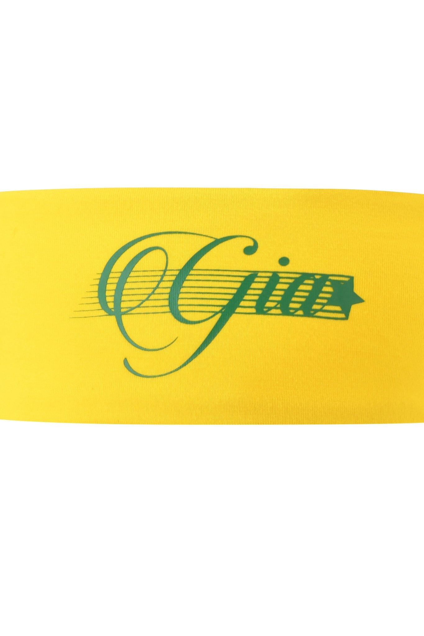The BLARE SPORT HEADBAND - YELLOW by I.AM.GIA features "Gia" in green cursive with a star and bold horizontal lines—an eye-catching, stylish fabric headband ideal for soccer fans.