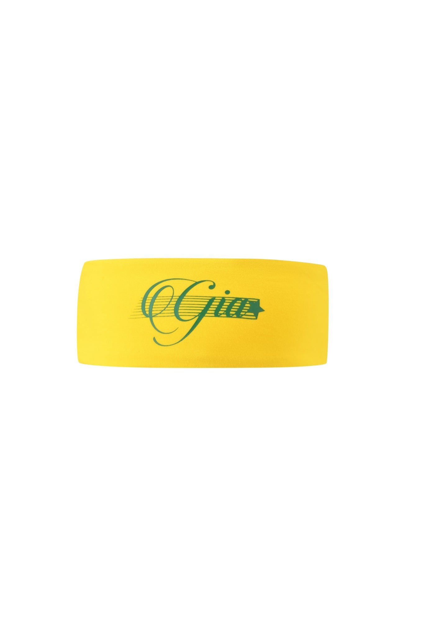 The BLARE SPORT HEADBAND - YELLOW by I.AM.GIA is a sporty yellow fabric headband featuring “Gira” in green cursive and regular font across the front.