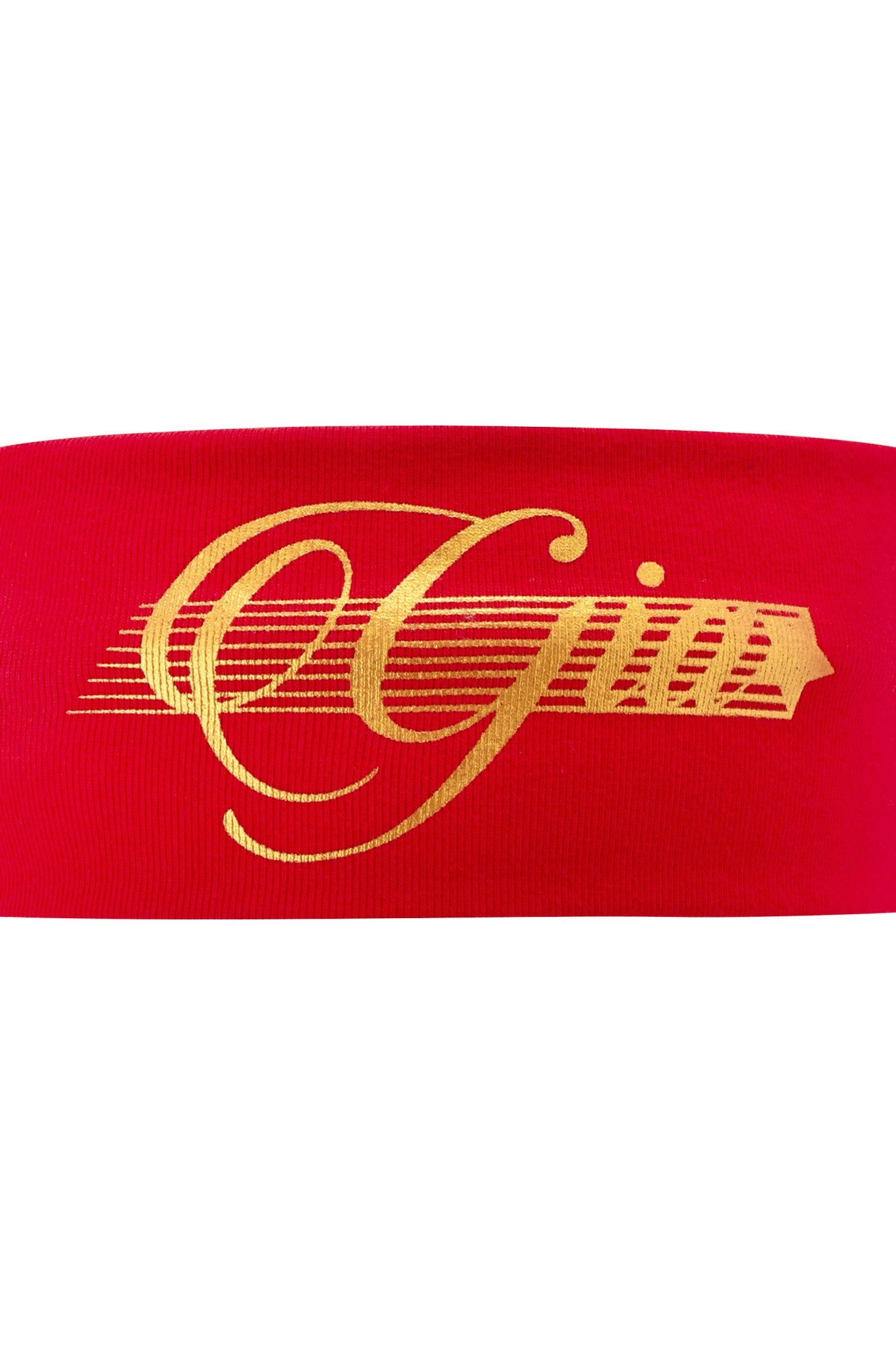 The I.AM.GIA NOVIA SPORT HEADBAND - RED is a sporty jersey headband featuring “Gin” in elegant gold script, highlighted with decorative lines extending to the right.