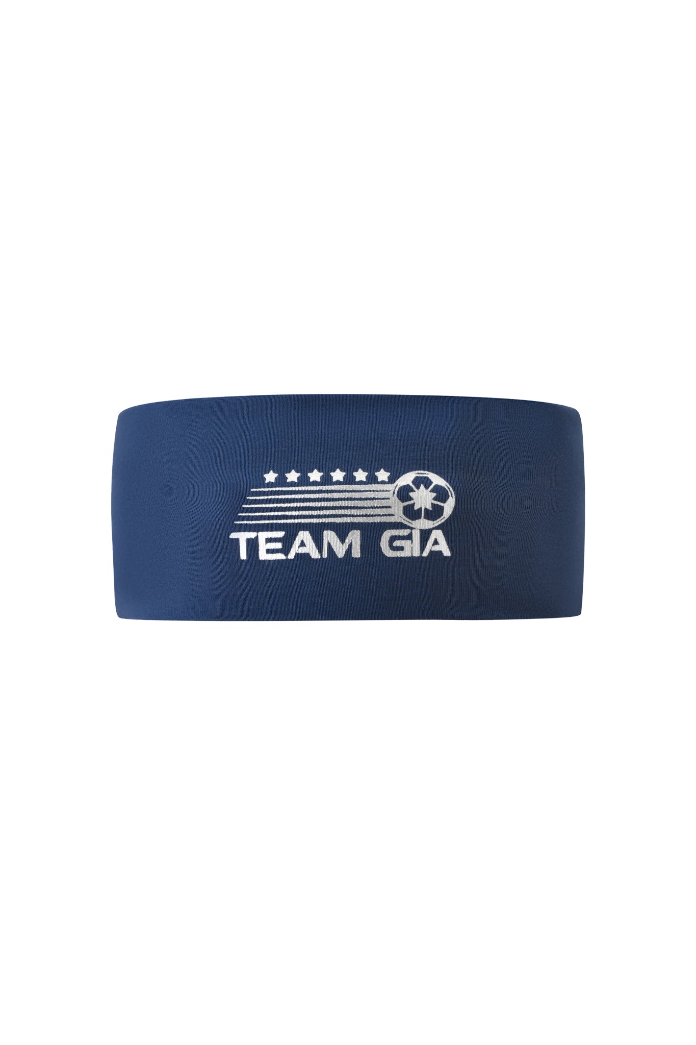 Pair the I.AM.GIA NOVIA LACE-UP T-SHIRT AND HEADBAND in navy—a sport headband with white "TEAM GIA" text, clover emblem, and seven stars—with your favorite soccer jersey baby tee or stretch cotton crop top.