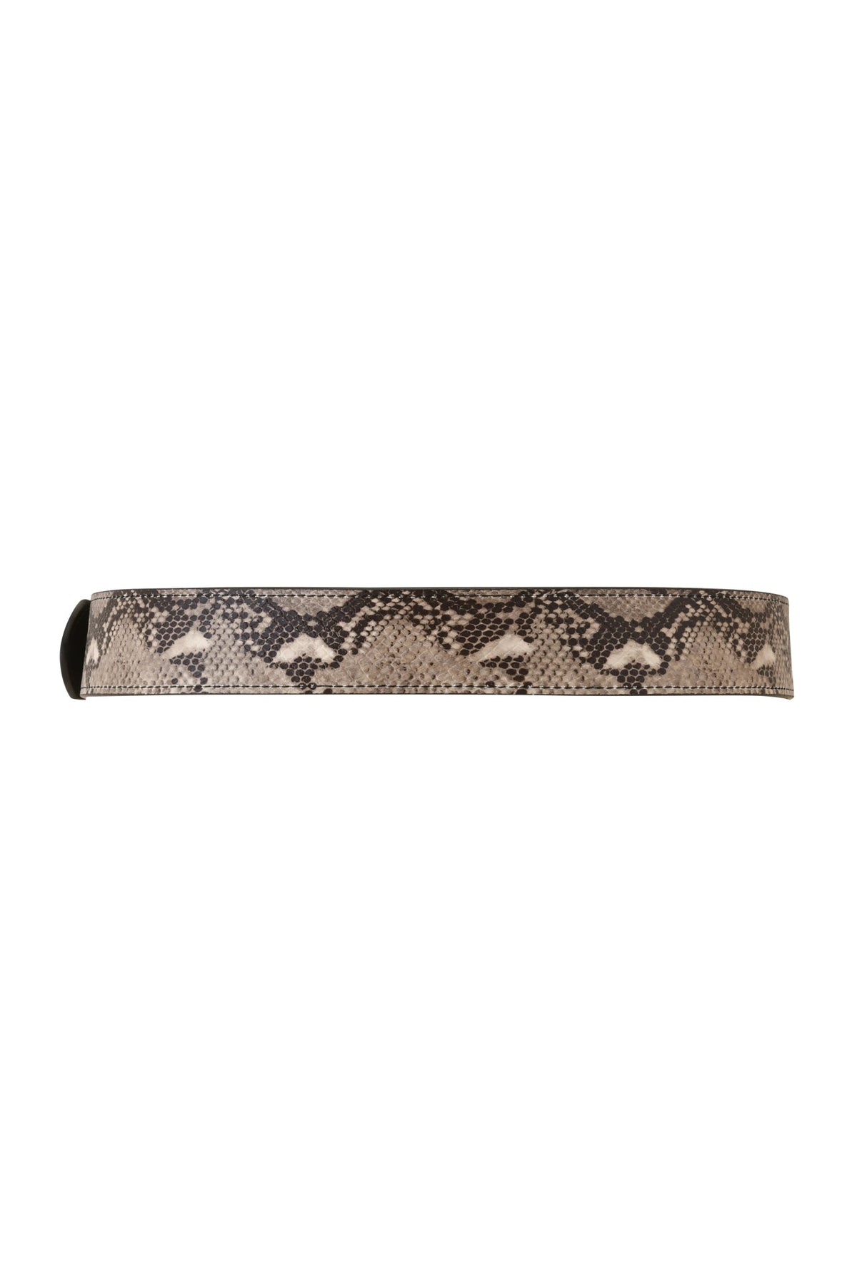 The MEDUSA BELT - TAN SNAKE by I.AM.GIA is a flat, tan faux leather belt featuring a black and brown snakeskin pattern and a vintage-inspired western-style buckle, shown laid horizontally against a white background.