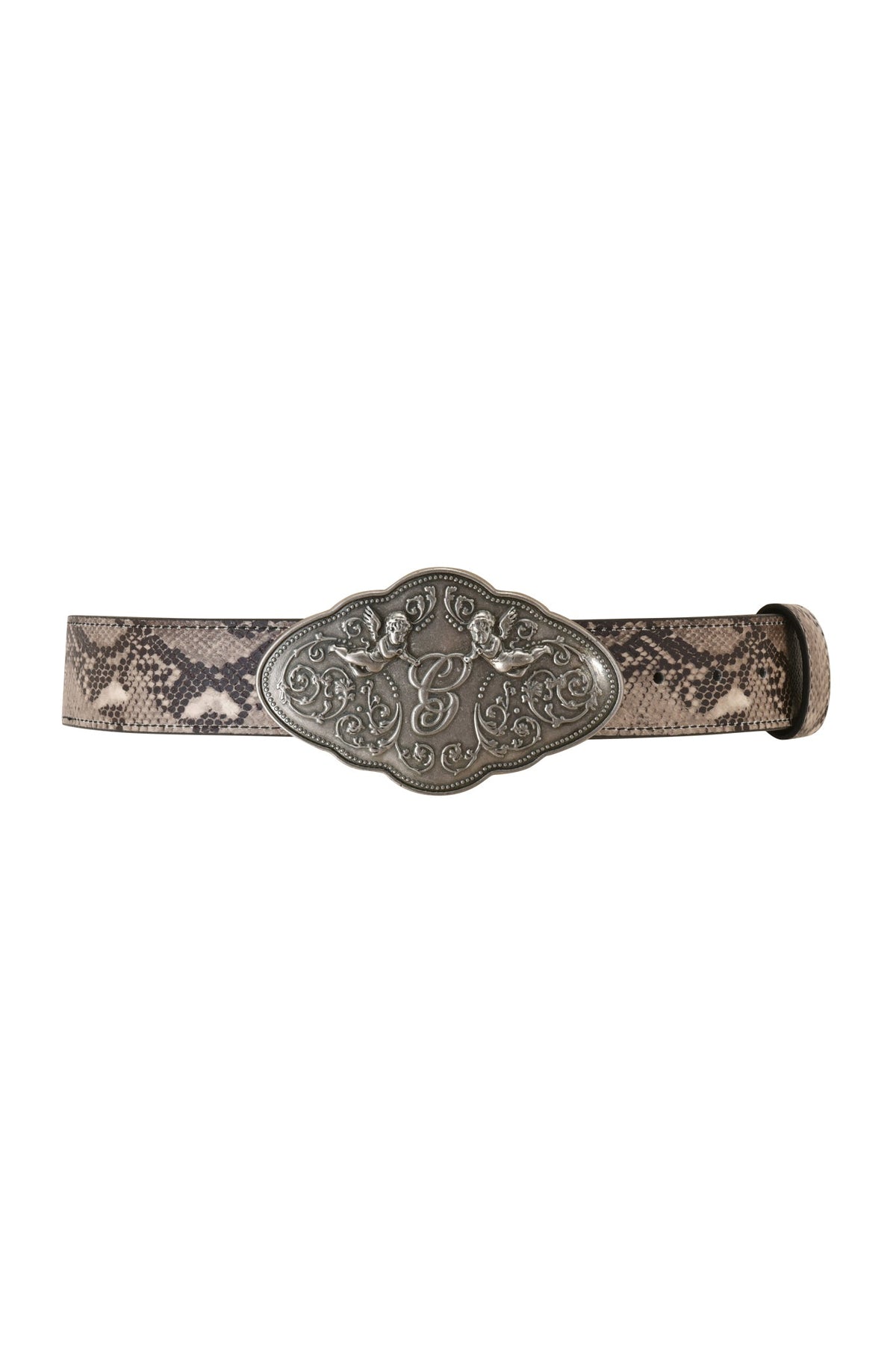 The MEDUSA BELT - TAN SNAKE by I.AM.GIA is a wide faux leather belt featuring a brown snakeskin pattern and an ornate western-style buckle with engraved floral designs and a central decorative detail, giving this accessory a distinctive vintage vibe.