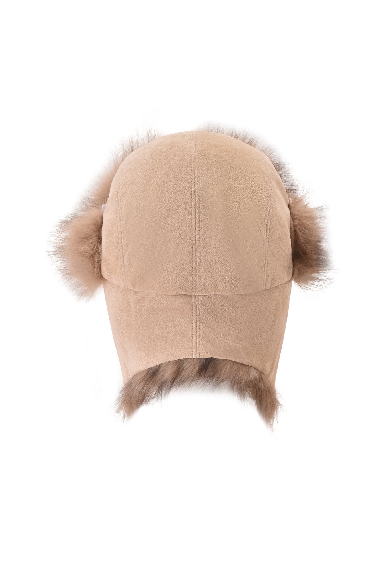 The I.AM.GIA GENA FAUX FUR TRAPPER HAT in tan suede features cozy ear flaps and brown faux fur trim, shown from the back against a white background.