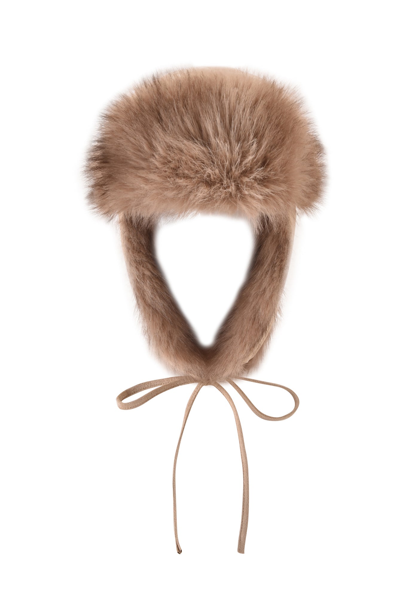 The GENA FAUX FUR TRAPPER HAT - TAN SUEDE by I.AM.GIA is a reversible trapper hat in brown, with plush ear flaps and long ties, shown against a white background. This stylish winter accessory is perfect for staying warm on cold days.