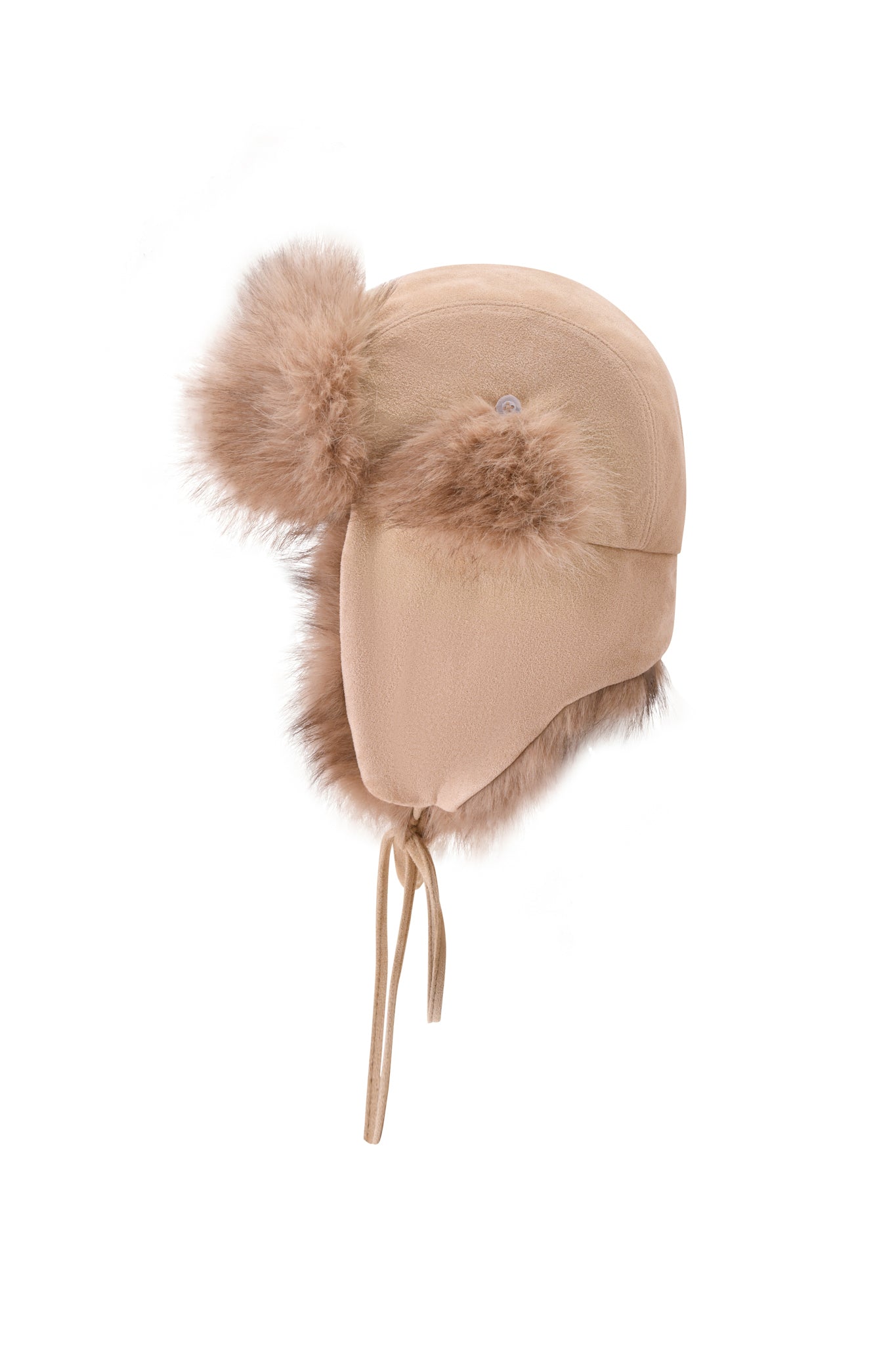 Stay cozy and stylish all winter with the I.AM.GIA GENA FAUX FUR TRAPPER HAT in tan suede—a reversible trapper hat featuring fluffy faux fur trim, pom-poms on the ear flaps, and hanging ties for extra warmth.