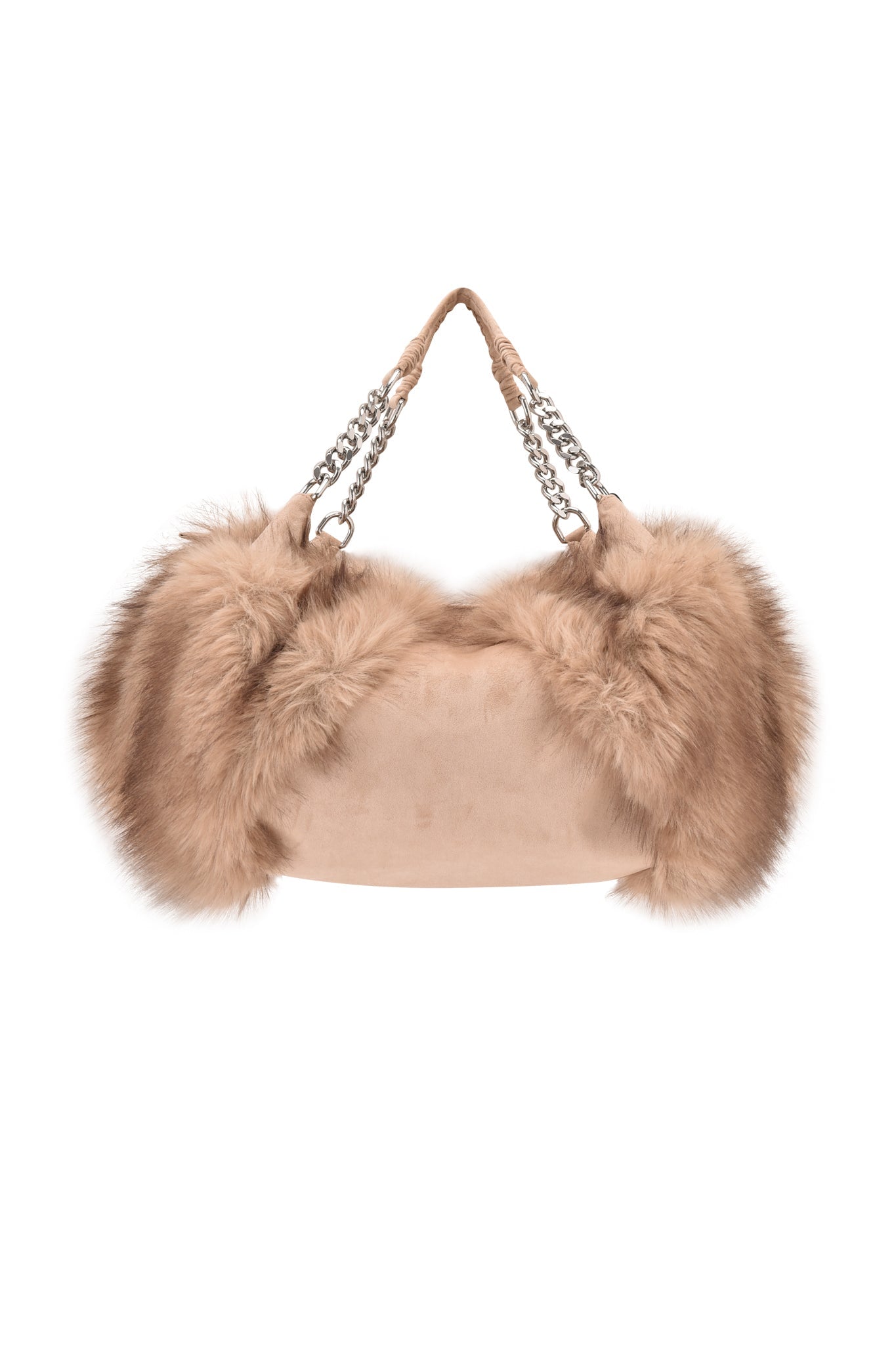 The GENA FAUX FUR HANDBAG - TAN SUEDE by I.AM.GIA features a beige faux suede body, plush faux fur sides, and an elegant handle crafted from woven leather and silver chain straps. The handbag is displayed on a white background.