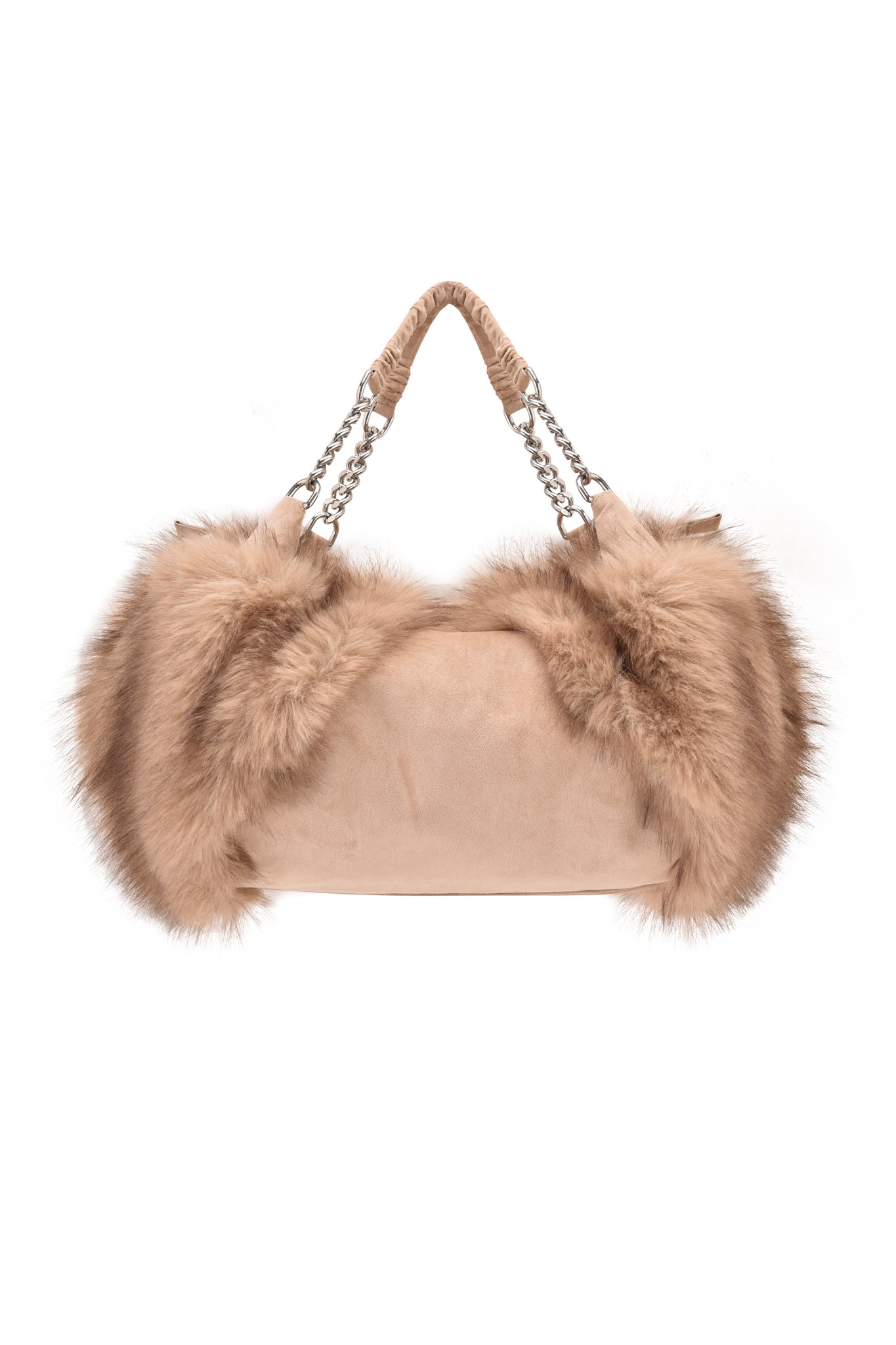 The GENA FAUX FUR HANDBAG by I.AM.GIA features tan faux suede with fluffy faux fur trim and a handle crafted from silver chain straps and matching suede.