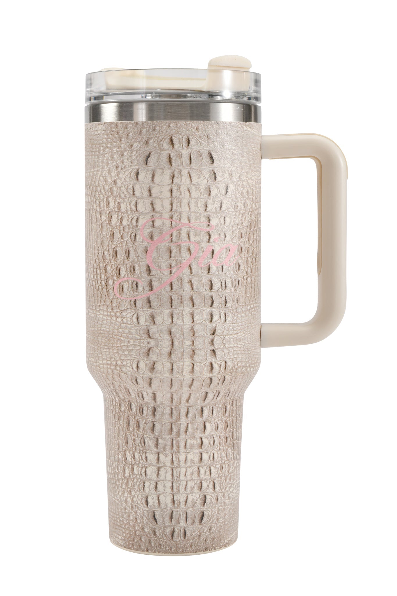 Introducing the BLARE CUP - HOT CROC by I.AM.GIA: a beige 40oz insulated stainless steel travel mug with a textured crocodile-patterned surface, a large handle for easy carrying, and a clear lid. Finished with a subtle pink script I.AM.GIA logo on the front, this stylish tumbler combines fashion and function.