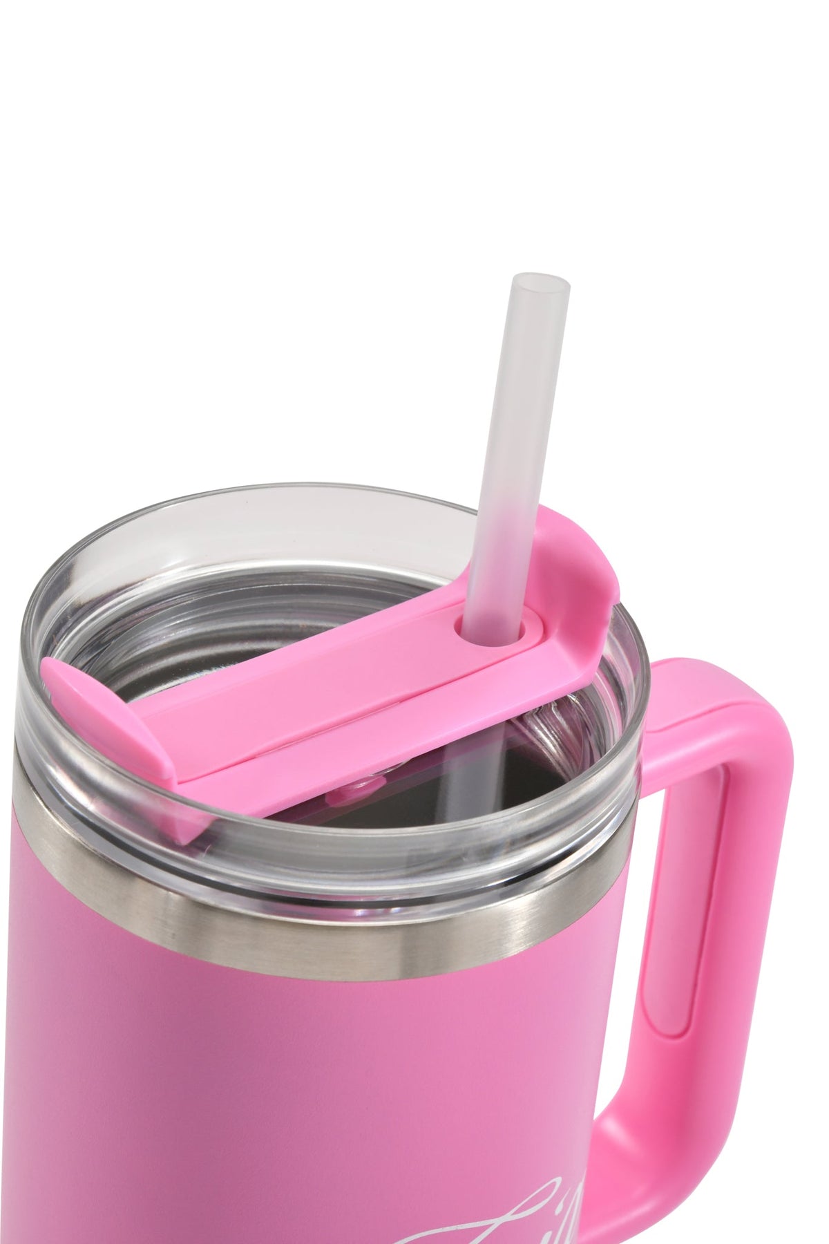 Introducing the BLARE CUP - PINK by I.AM.GIA: a stylish, 40oz hot pink insulated stainless steel tumbler featuring a convenient handle, clear lid, and a pink flap that accommodates a straw while keeping your drink covered. Perfect for keeping beverages hot or cold when you’re on the go.