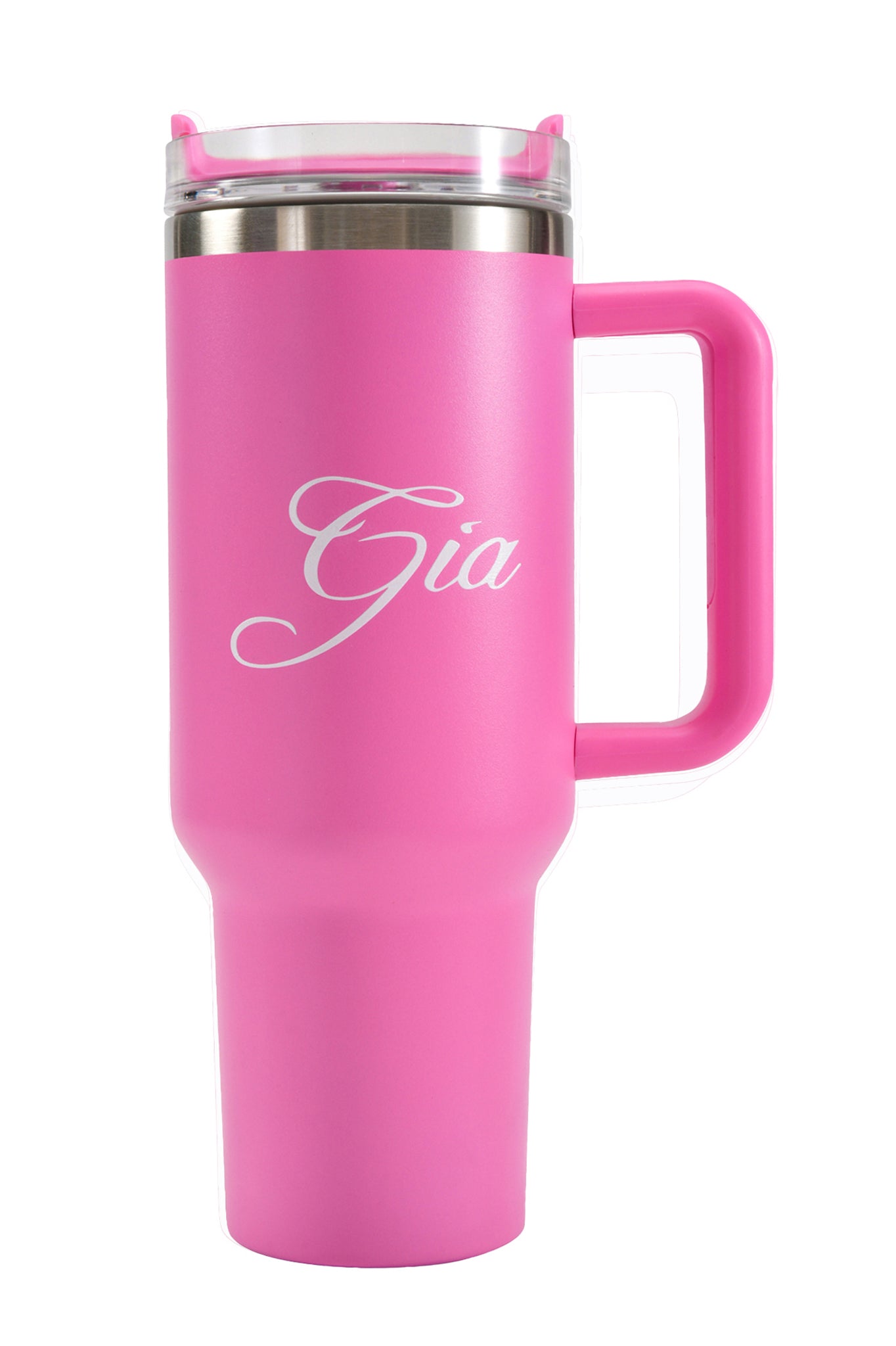 A tall, vibrant BLARE CUP - PINK by I.AM.GIA, featuring a large handle, clear lid, and “Gia” elegantly scripted in white on the side. This 40oz insulated stainless steel travel mug keeps your beverages at the ideal temperature wherever you are.