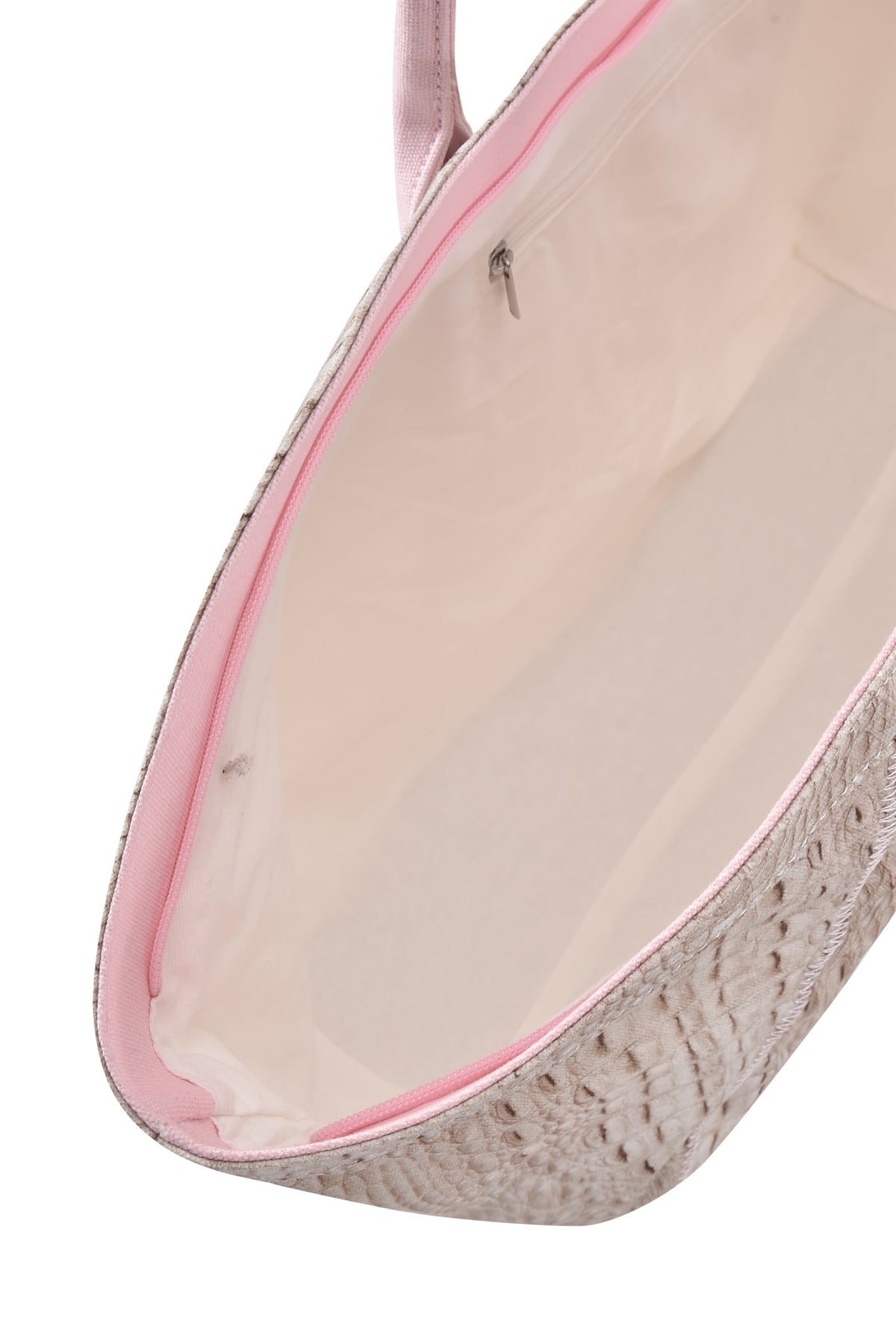 Introducing the BLARE TOTE BAG - HOT CROC by I.AM.GIA: an oversized shopper tote with a textured beige exterior featuring a subtle crocodile print, accented by light pink trim, and finished with a spacious cream interior lined with a small zippered pocket.
