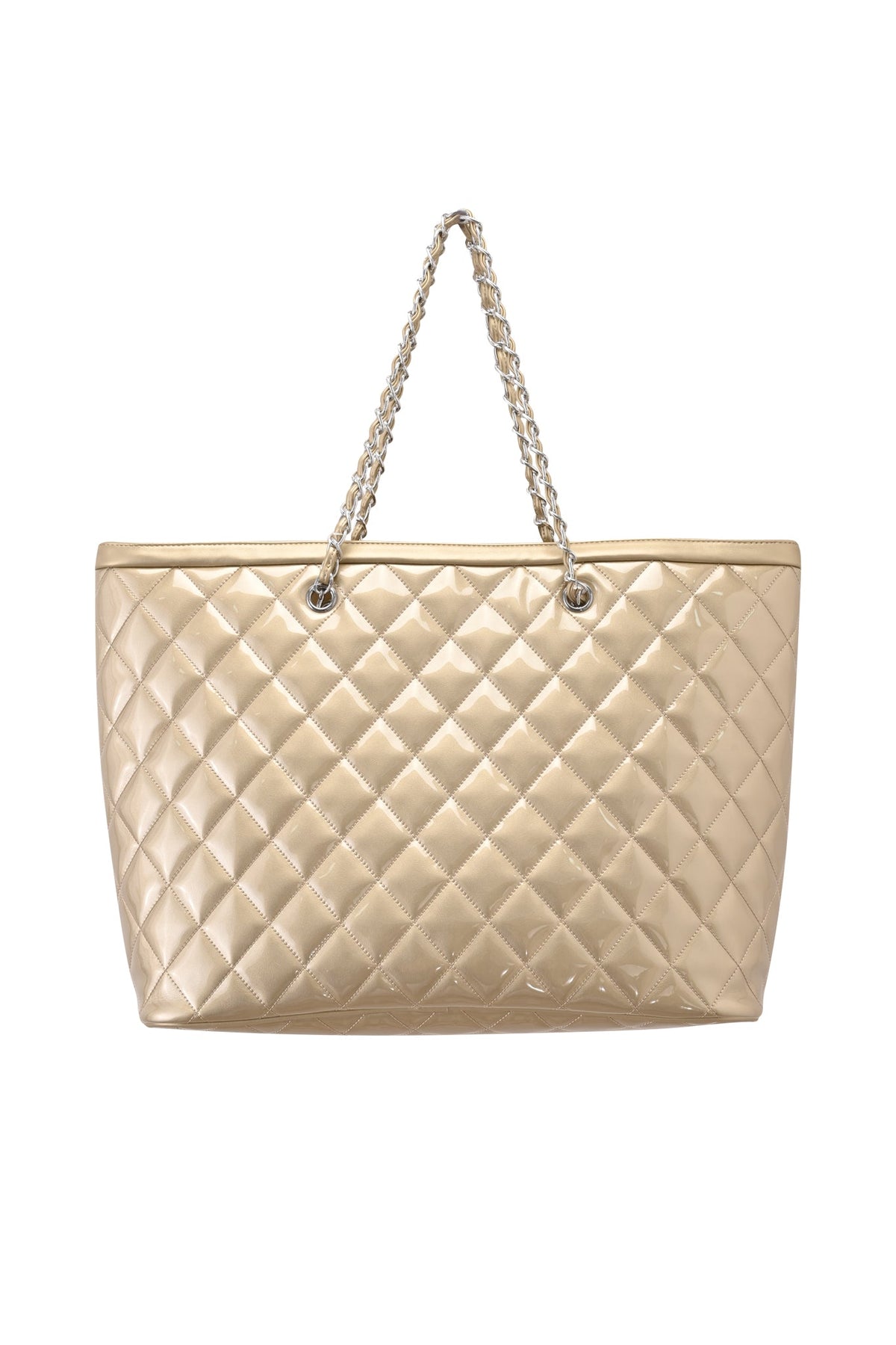 Introducing the DANNI TOTE BAG - GOLD by I.AM.GIA: an elegant quilted metallic gold leather tote with a diamond pattern, finished with striking silver chain handles interwoven with leather for a shiny, sophisticated look.
